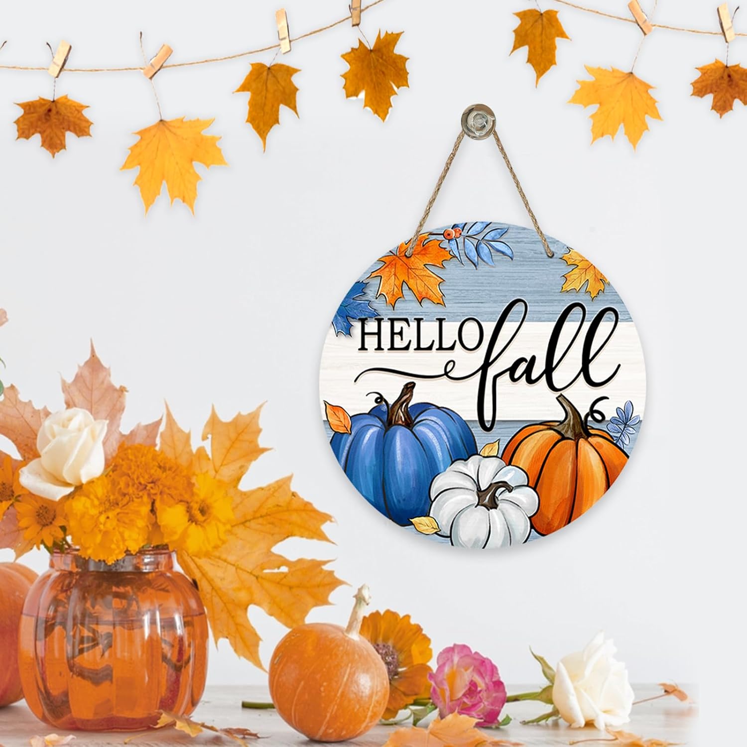 Deroro Fall Pumpkin Door Sign with Maple Leaves Stripes Wood Hanger