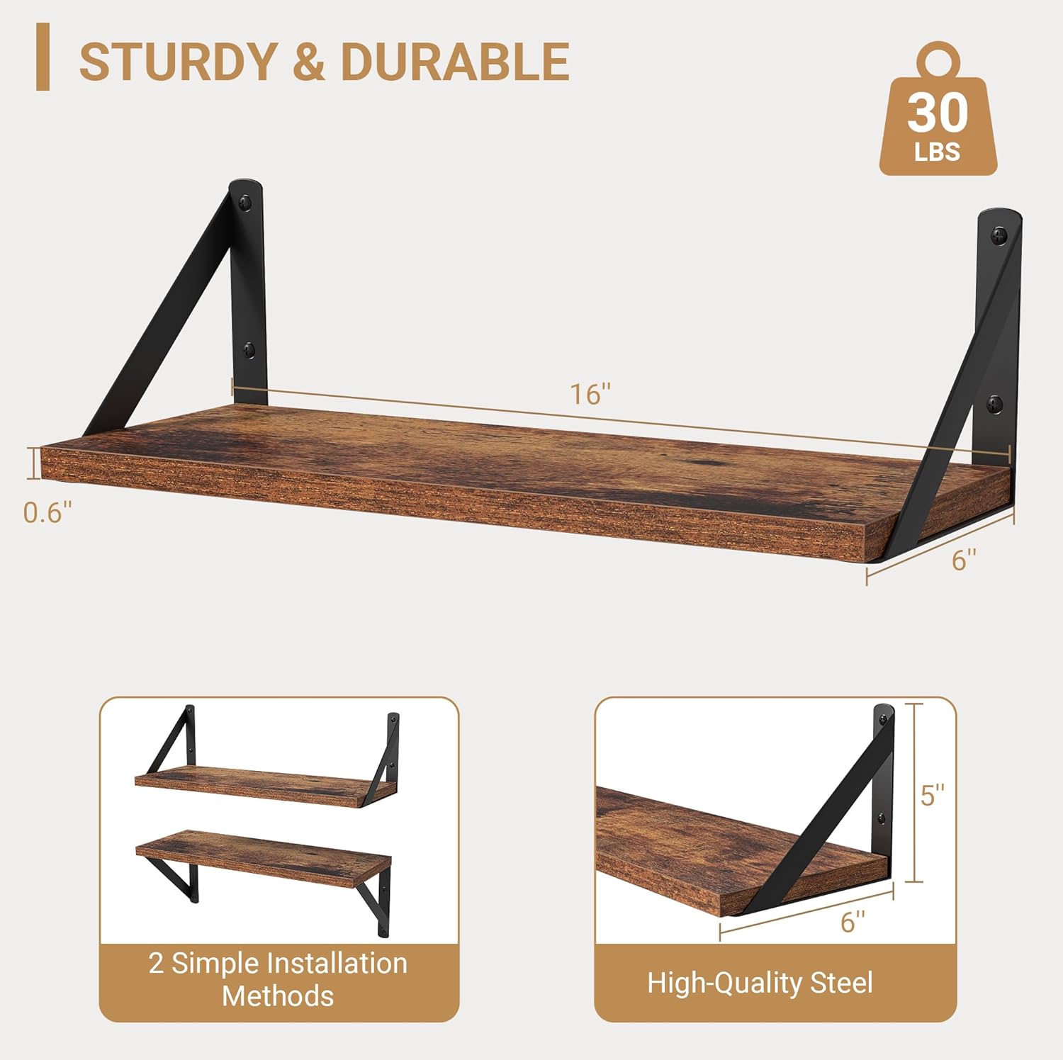Heimlove Floating Shelves Set of 3 16 Inch Wood Rustic Brown