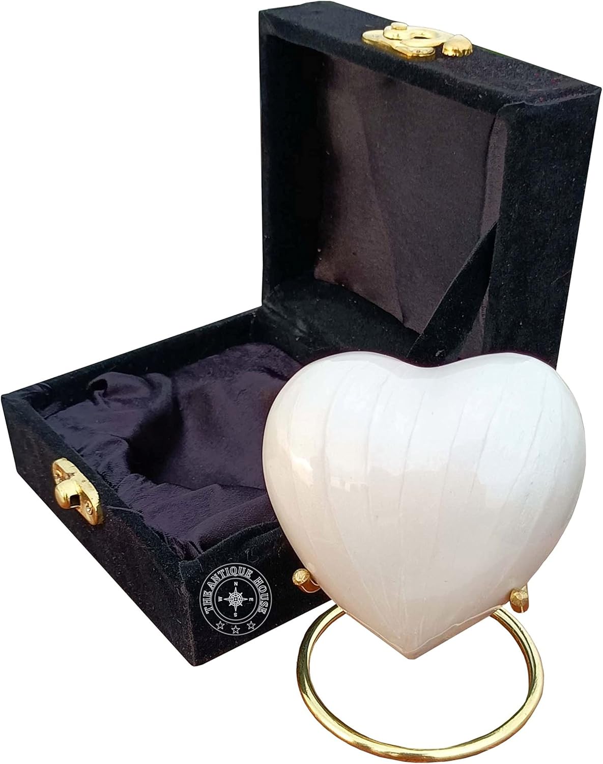 White Cremation Urn Heart with Brass Stand and Black Box