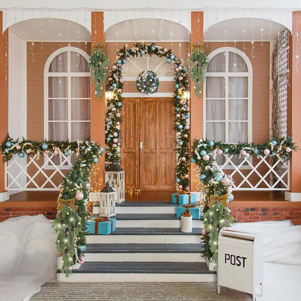 4Pack 276 Inch Pre-Lit Teardrop Wreath with Pine Cones and Fairy Lights