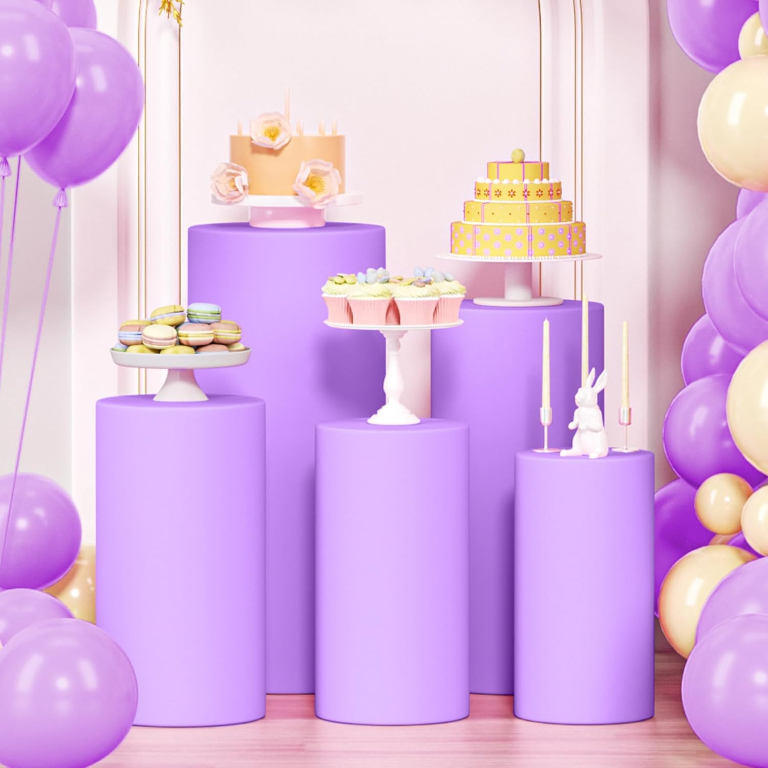 LEBENGURU 5Pcs Cylinder Pedestal Covers Purple Round Spandex