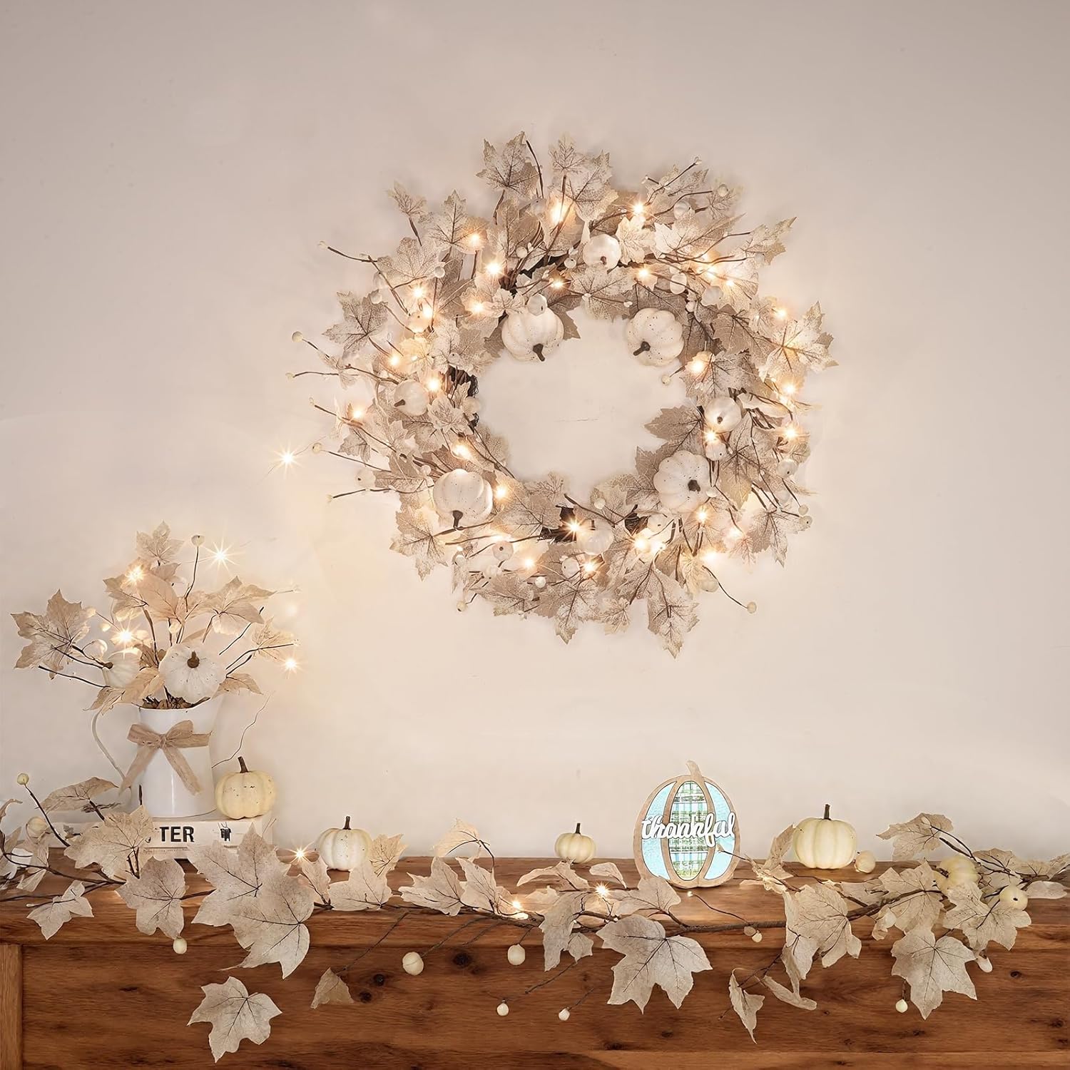 26 Inch Foldable Fall Wreath with Lights Timer