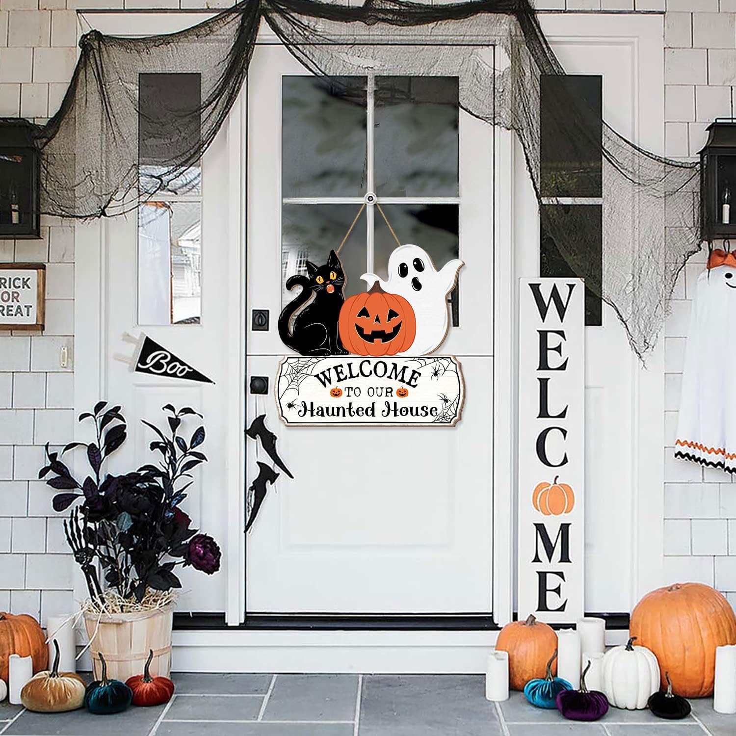 Halloween Door Hanging Sign with Ghost and Pumpkin Design