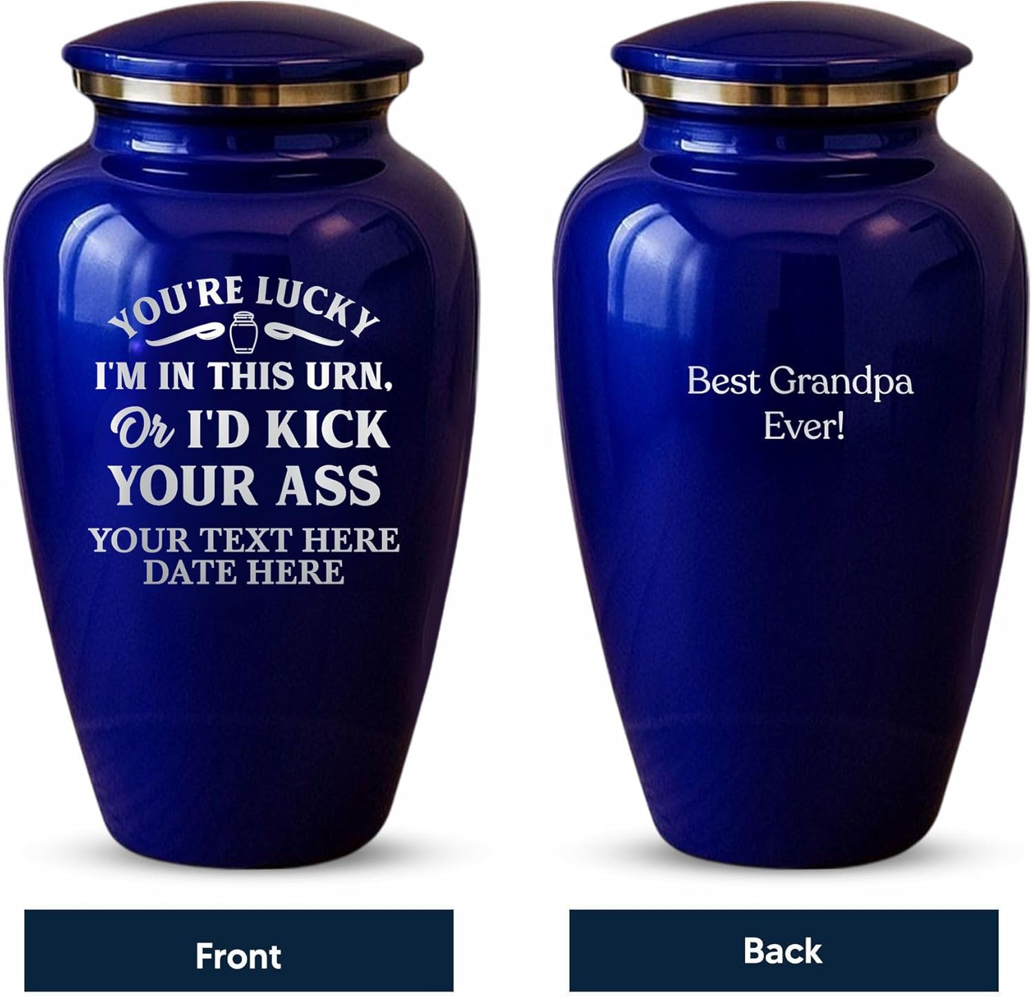Custom Cremation Urn Metal Vessel Funny Personalized Design Purple