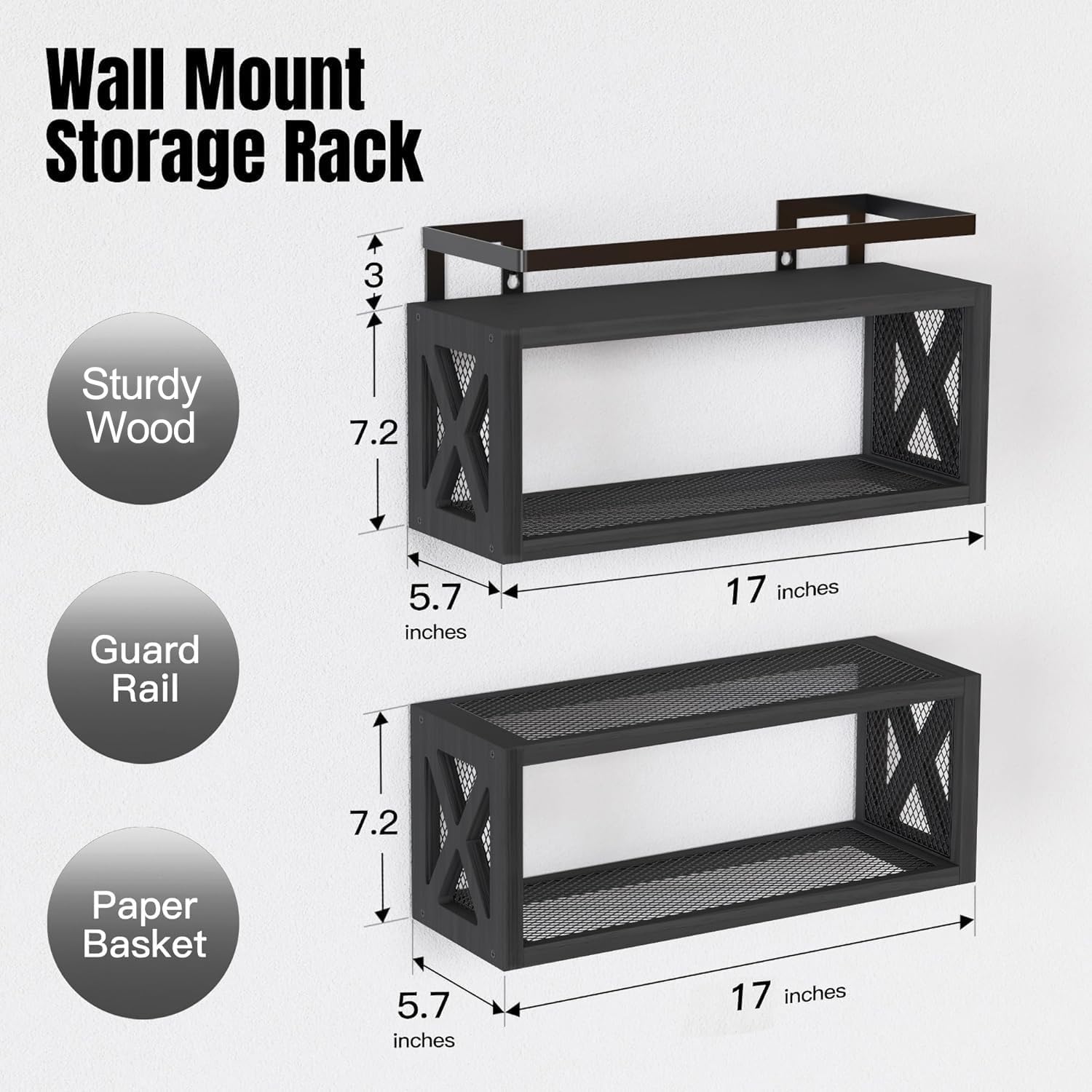 RICHER HOUSE Floating Shelves with Guardrail Black