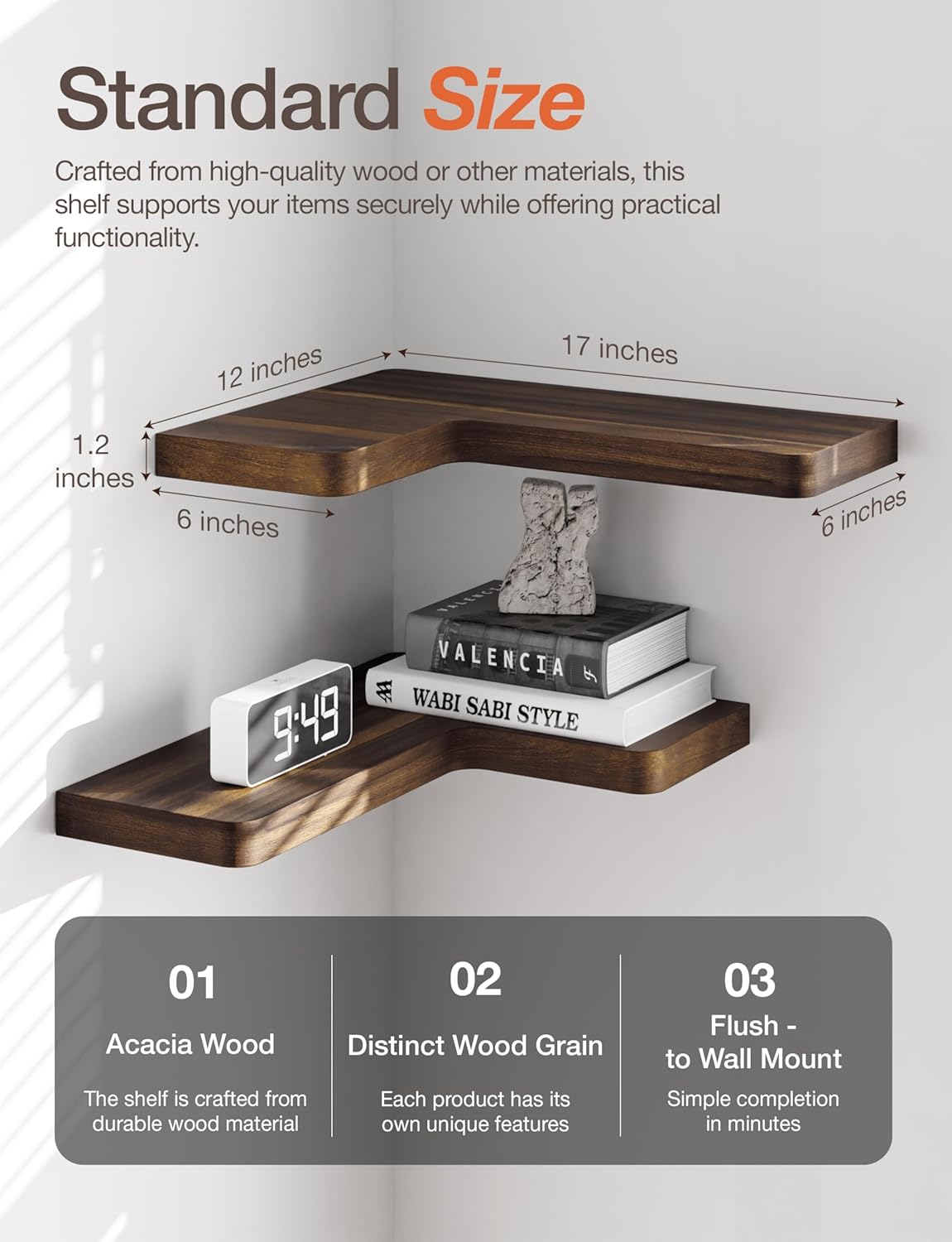 BATODA Floating Corner Shelf 17x12 Walnut
