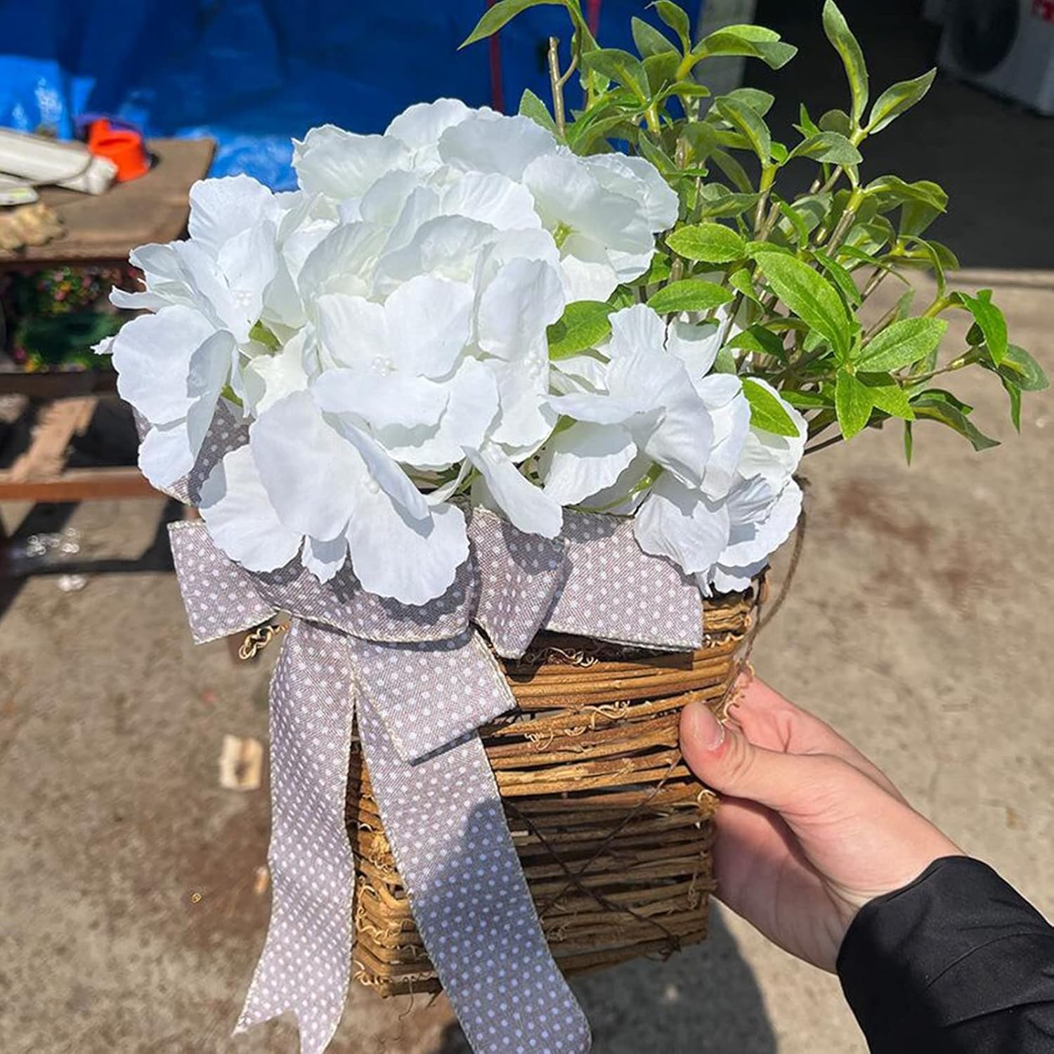 Cream Hydrangea Door Wreath Basket Spring Welcome Sign