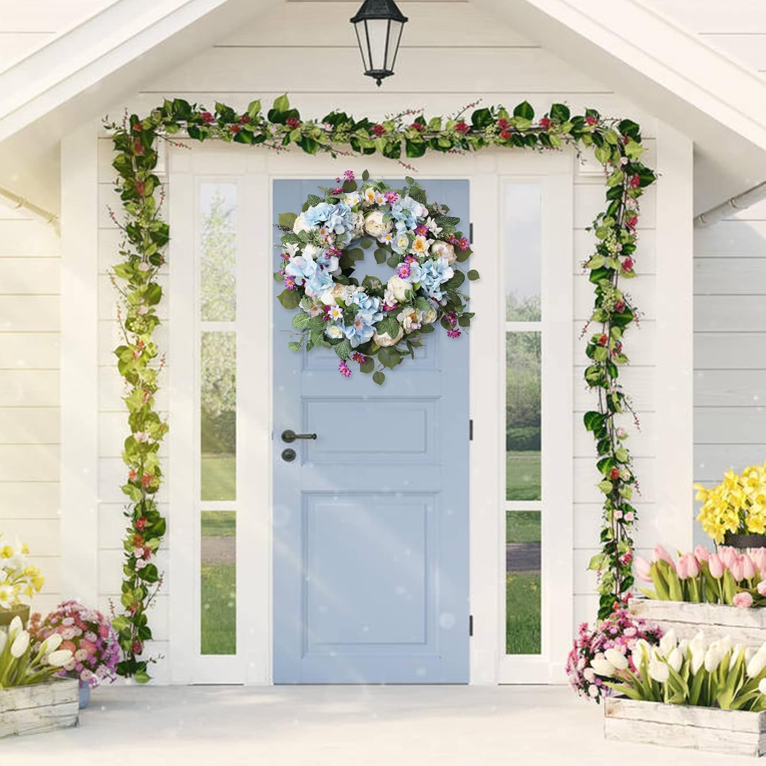 24 Inch Blue Hydrangea Wreath for Front Door