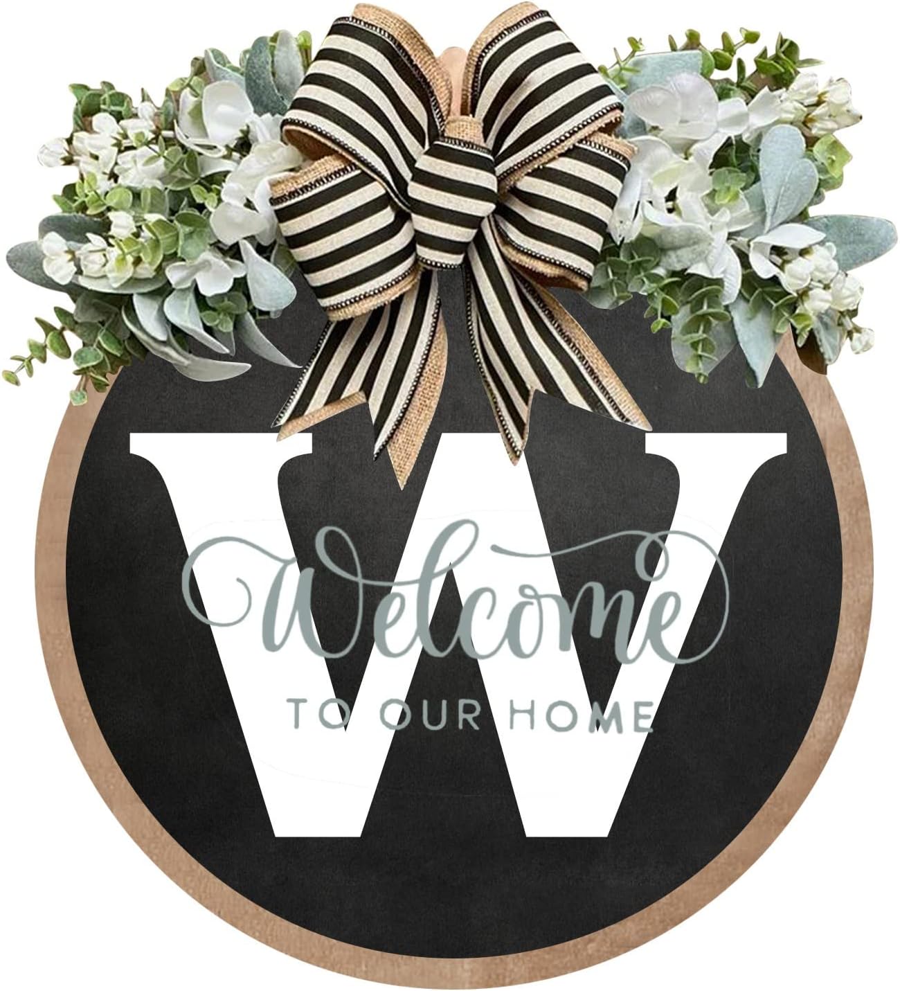Unique Initial Last Name Round Front Door Wreath with Bow 1