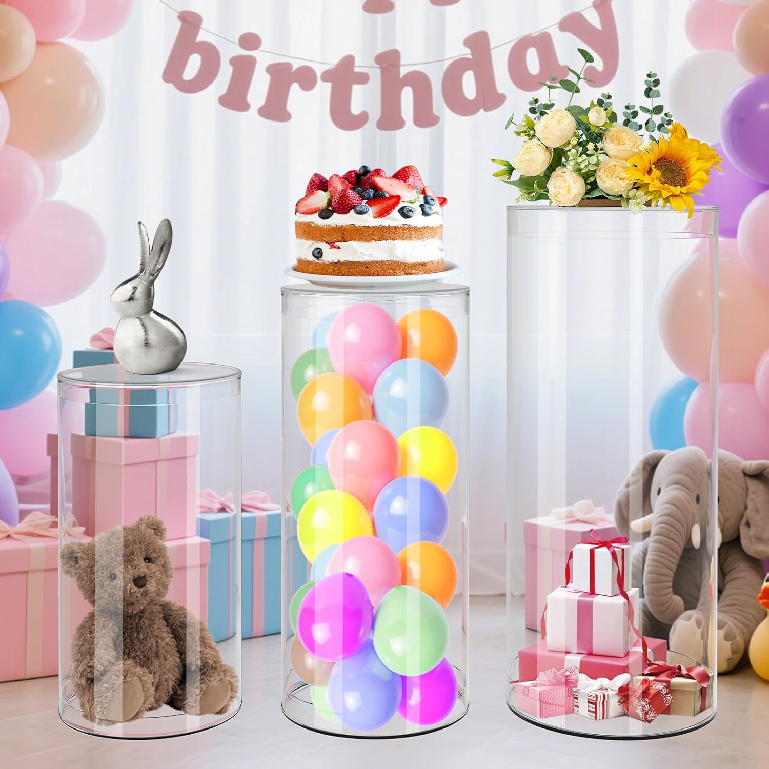 Clear Cylinder Pedestal Stands 3pcs for Party Decor