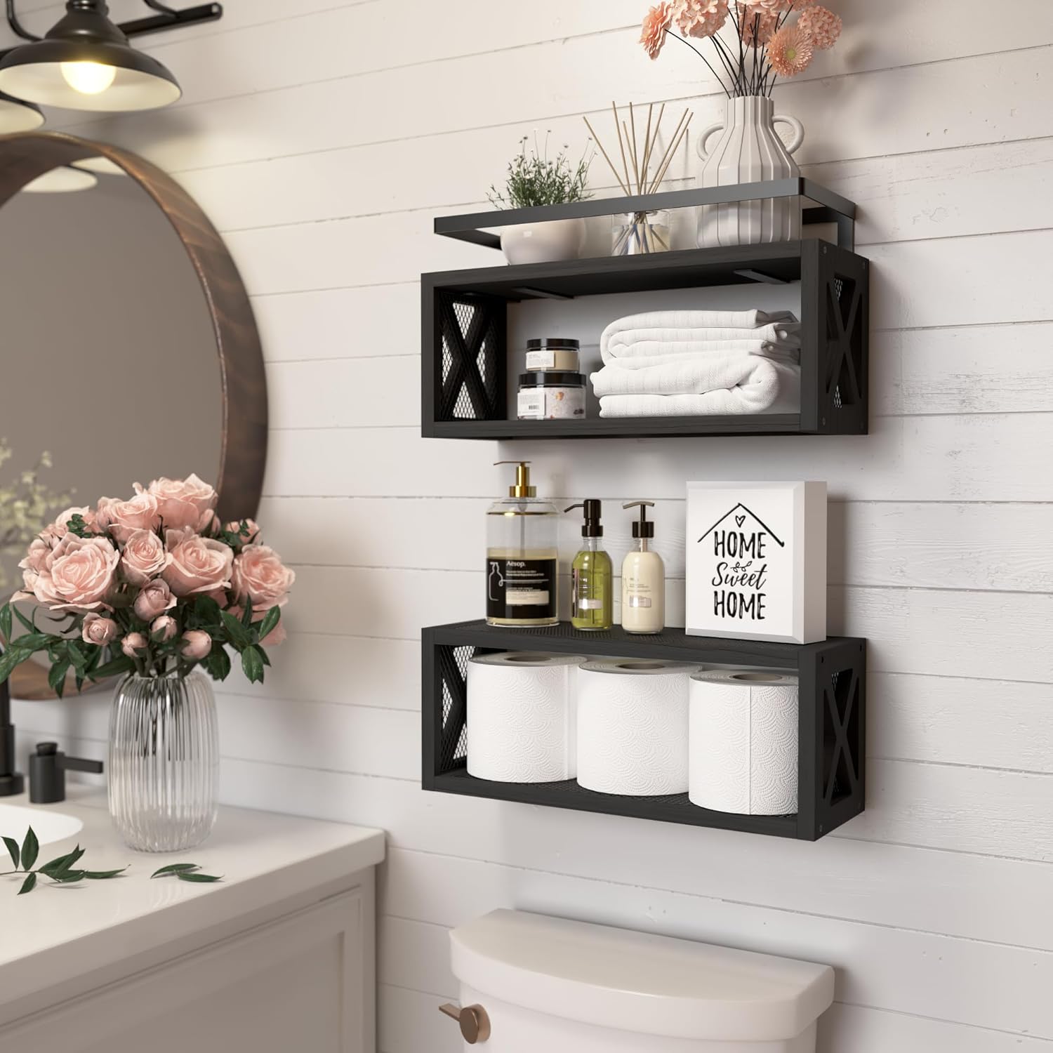 RICHER HOUSE Floating Shelves with Guardrail Black