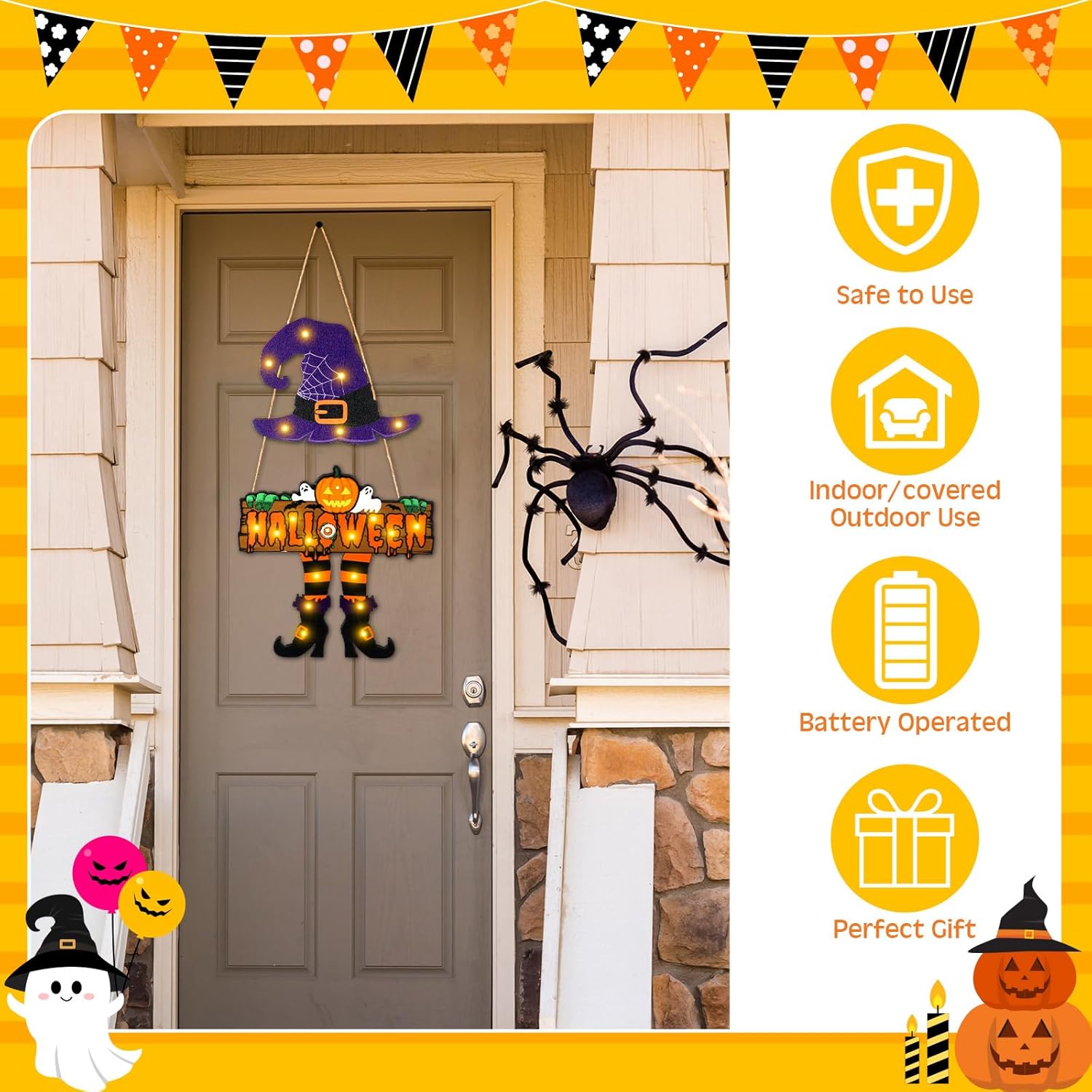 LED Halloween Witch Door Sign with Light Up Design