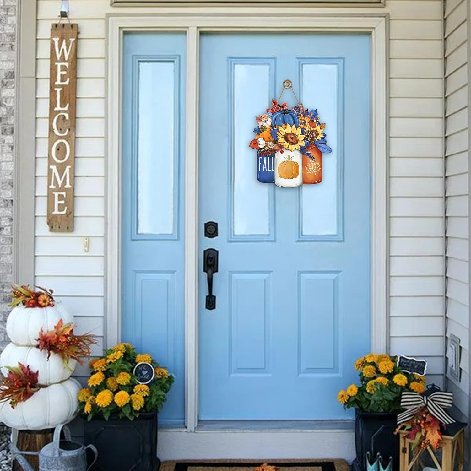Fall Blue Pumpkin Sunflower Front Door Sign