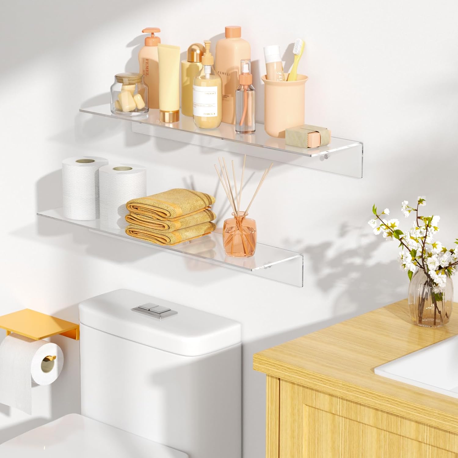 FEMELI 2PCS 24 Clear Acrylic Floating Shelves for Wall Mounting