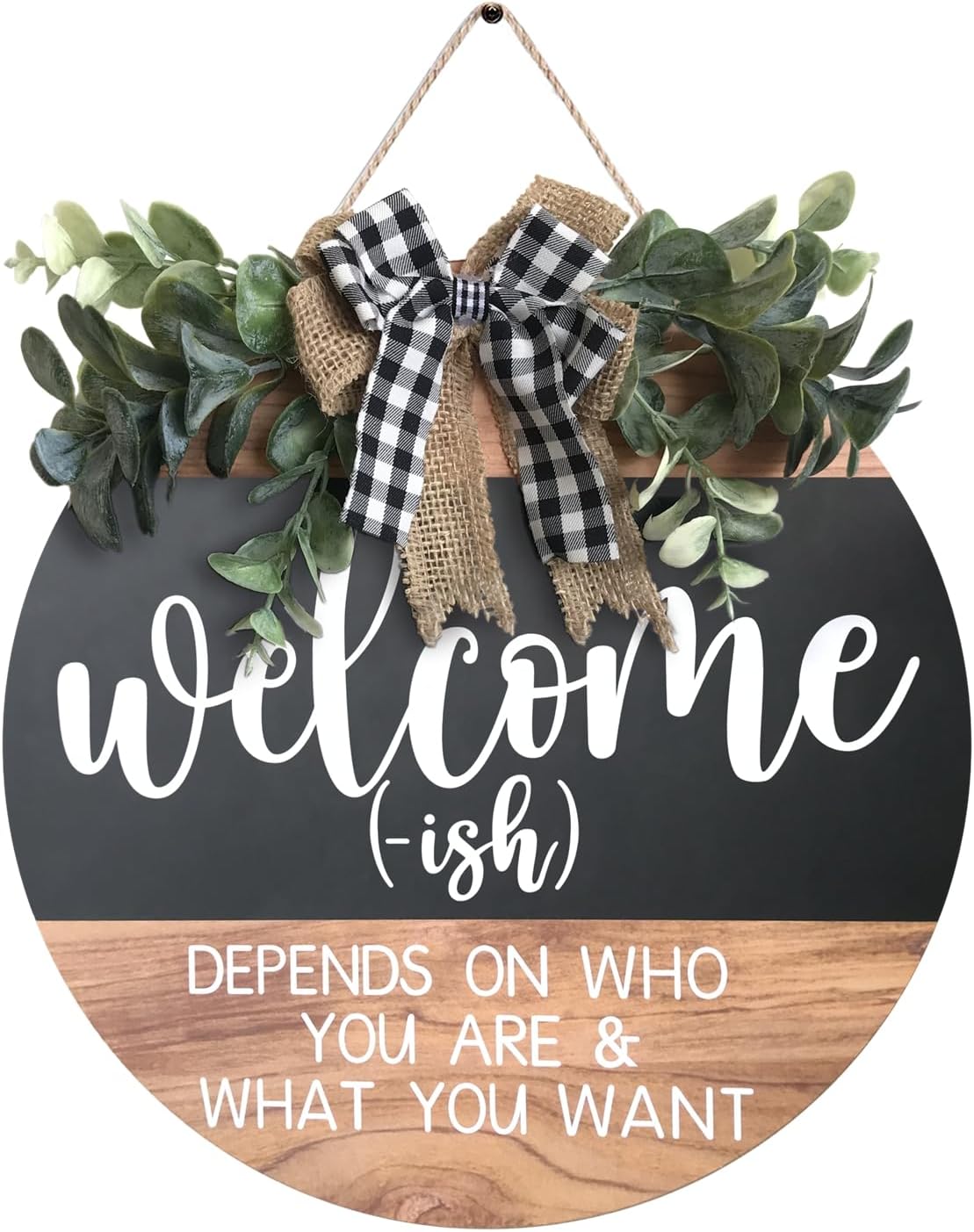 Welcome Sign for Front Door - Round Wood Wreath with Farmhouse Design