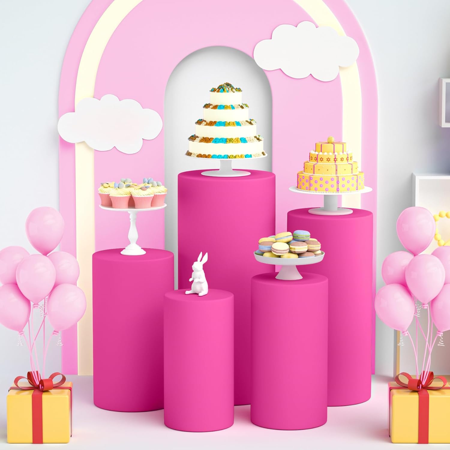 LEBENGURU 5Pcs Cylinder Pedestal Stand Covers Fushia Round Spandex