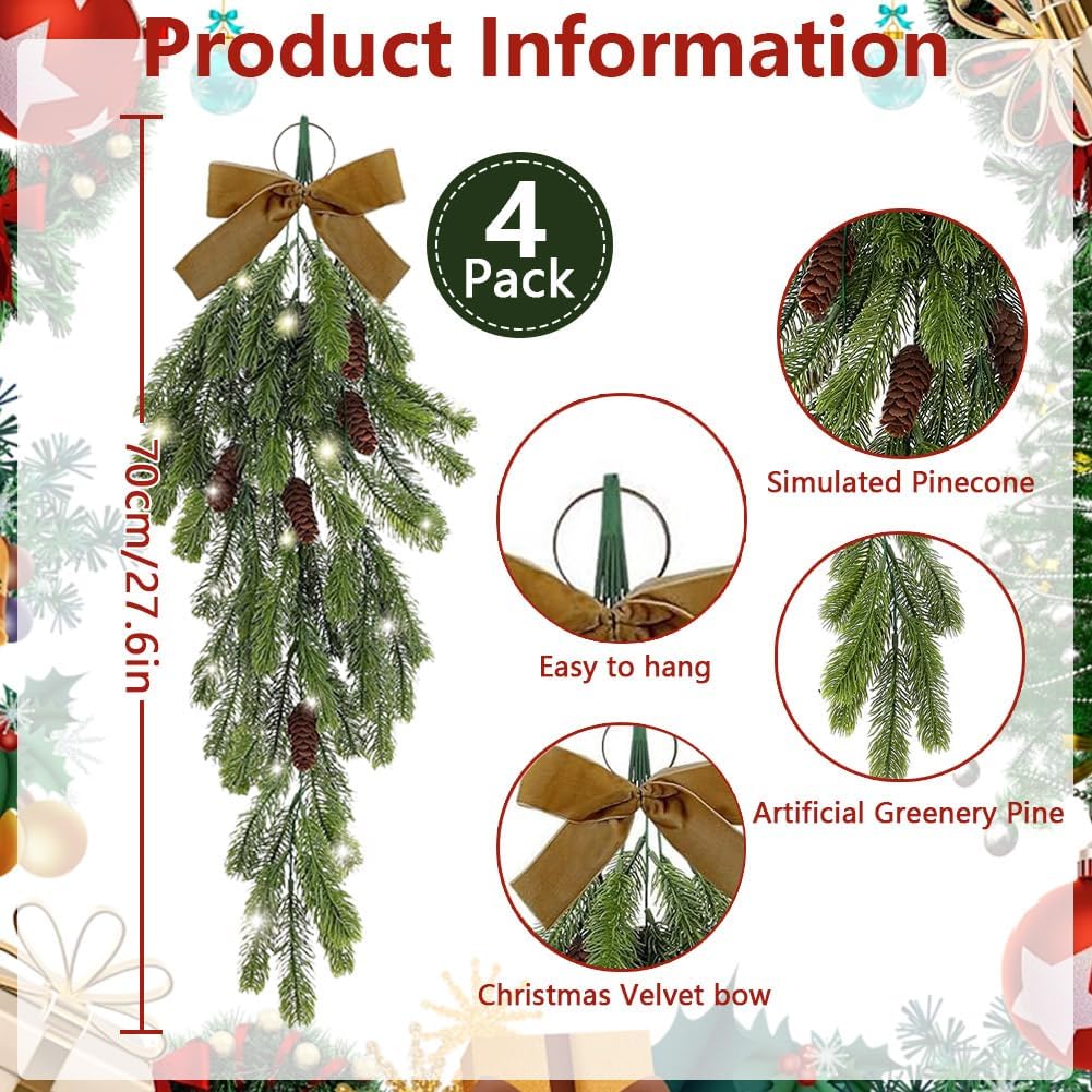 4Pack 276 Inch Pre-Lit Teardrop Wreath with Pine Cones and Fairy Lights