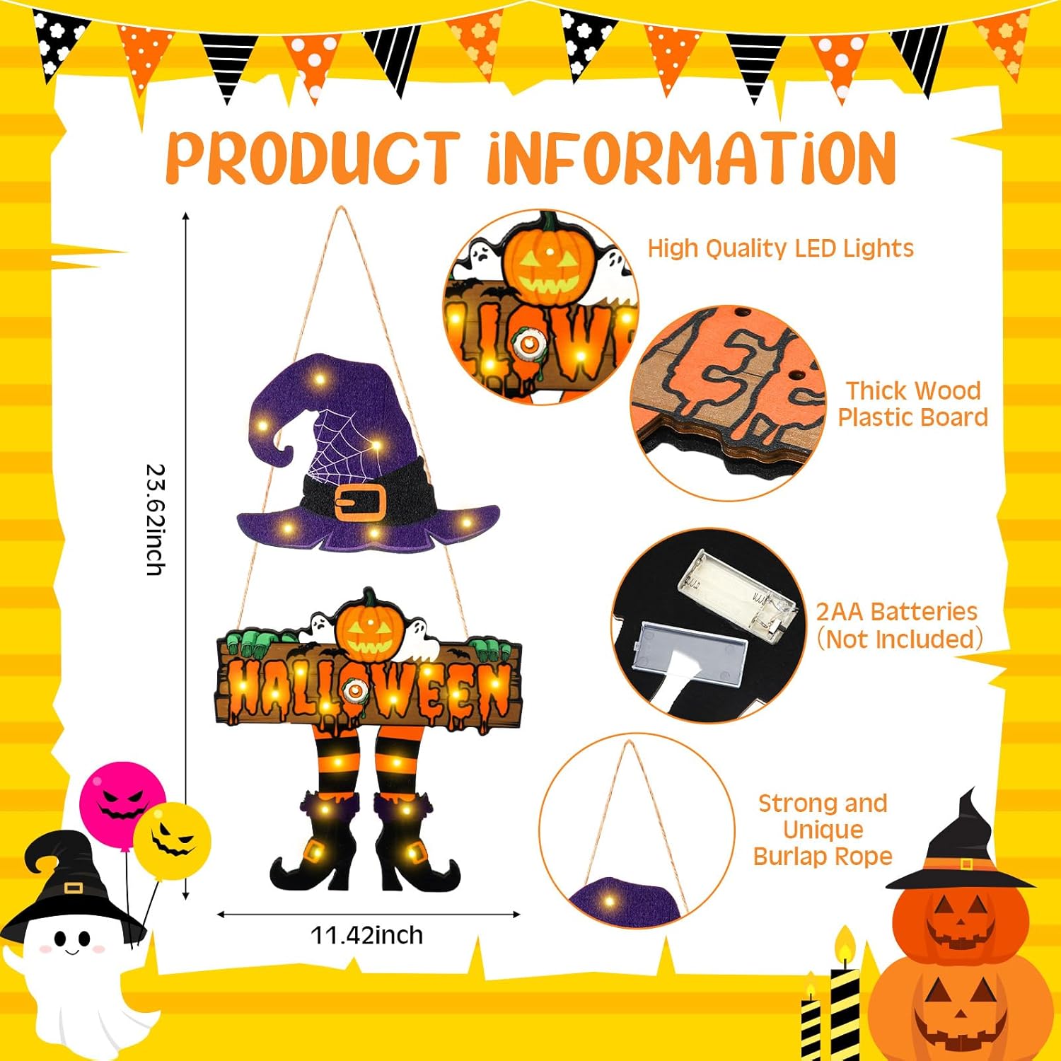 LED Halloween Witch Door Sign with Light Up Design