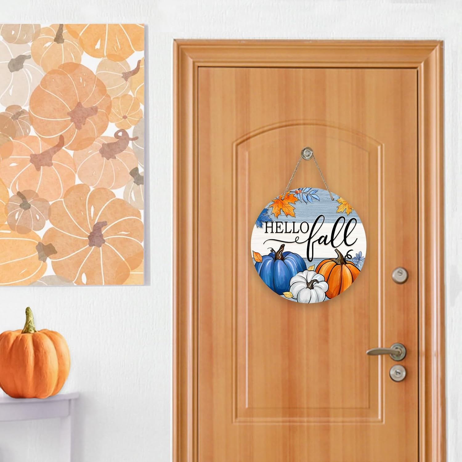 Deroro Fall Pumpkin Door Sign with Maple Leaves Stripes Wood Hanger