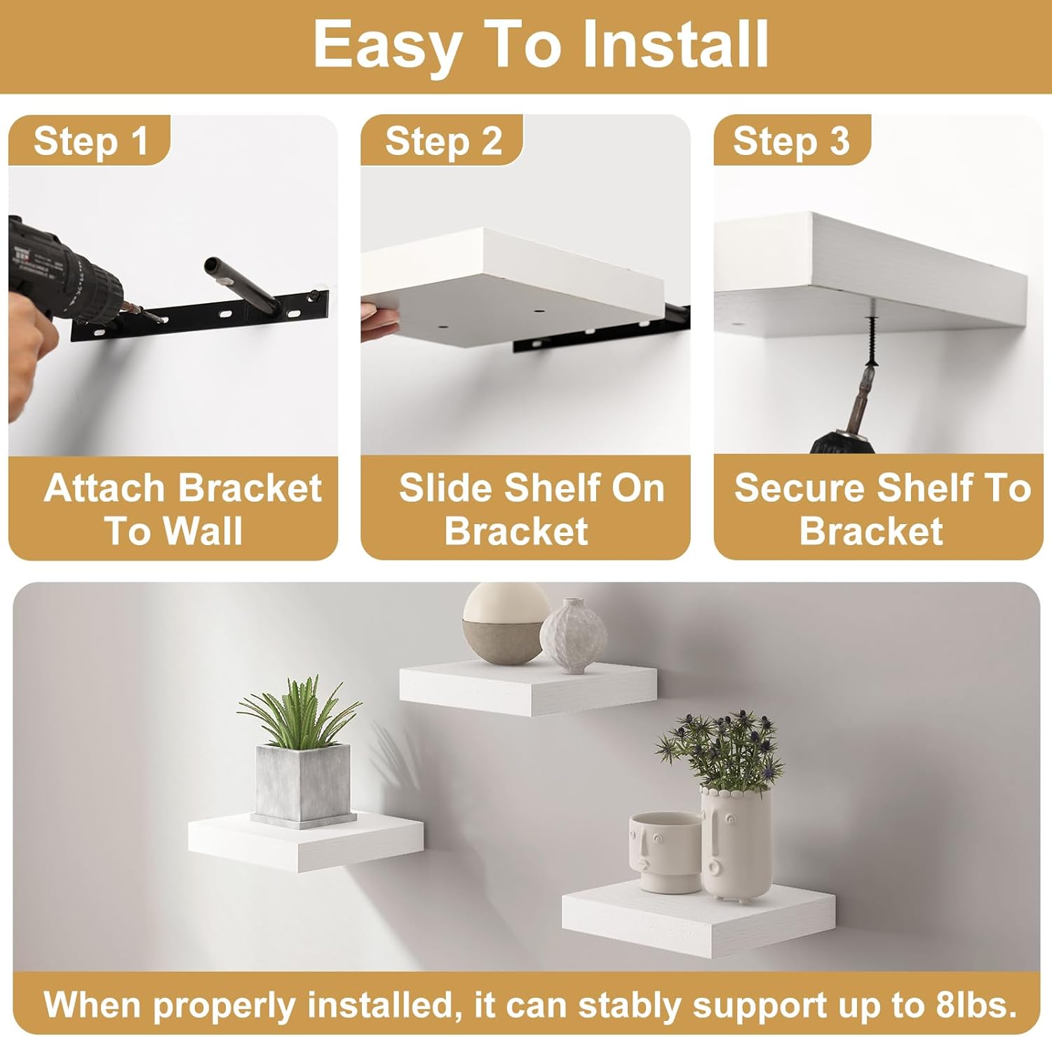 Fixwal 8in Floating Shelves Set of 3 Wall Mount Decor