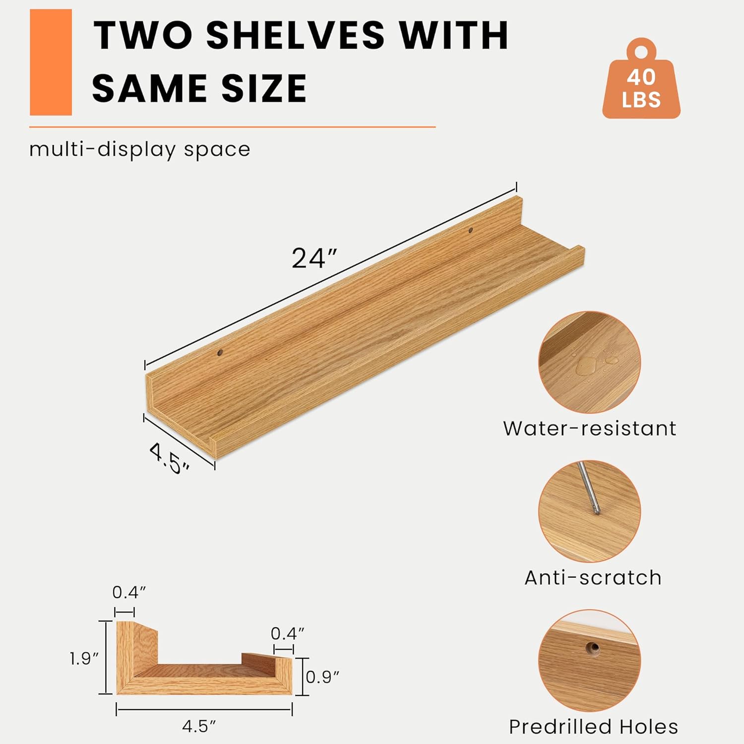Heimlove Picture Ledge Shelf Set of 2 Natural Oak