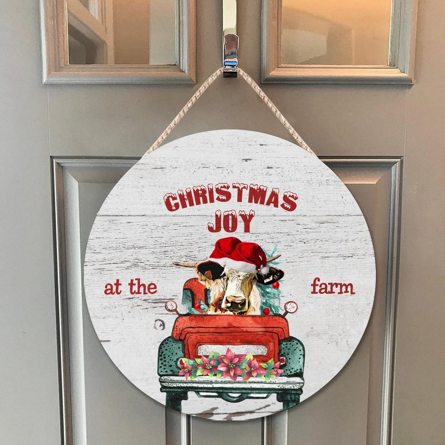 Farmhouse Door Hanger with Santa Cow Holiday Sign