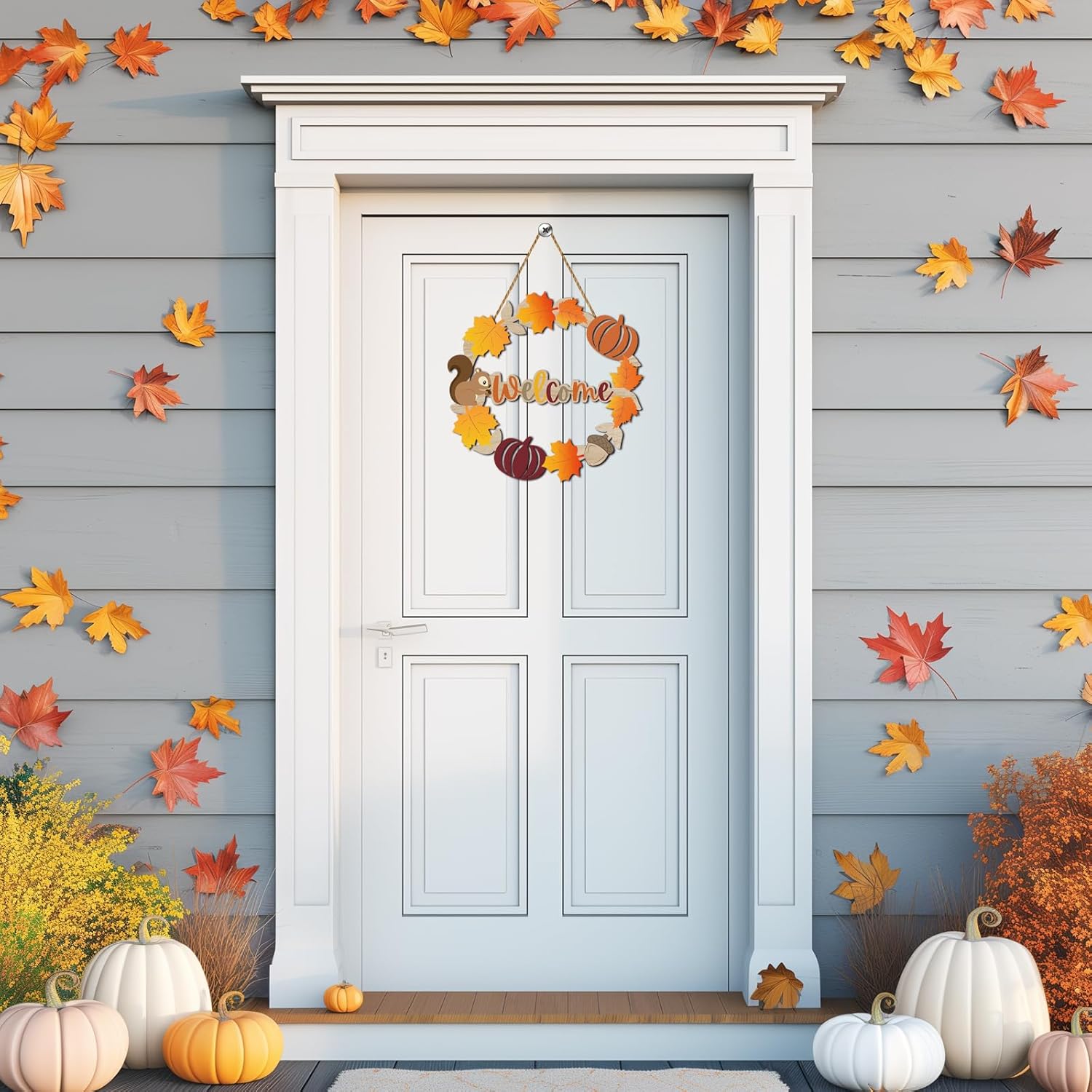 Fall Door Decor Wooden Wreath with Welcome Sign