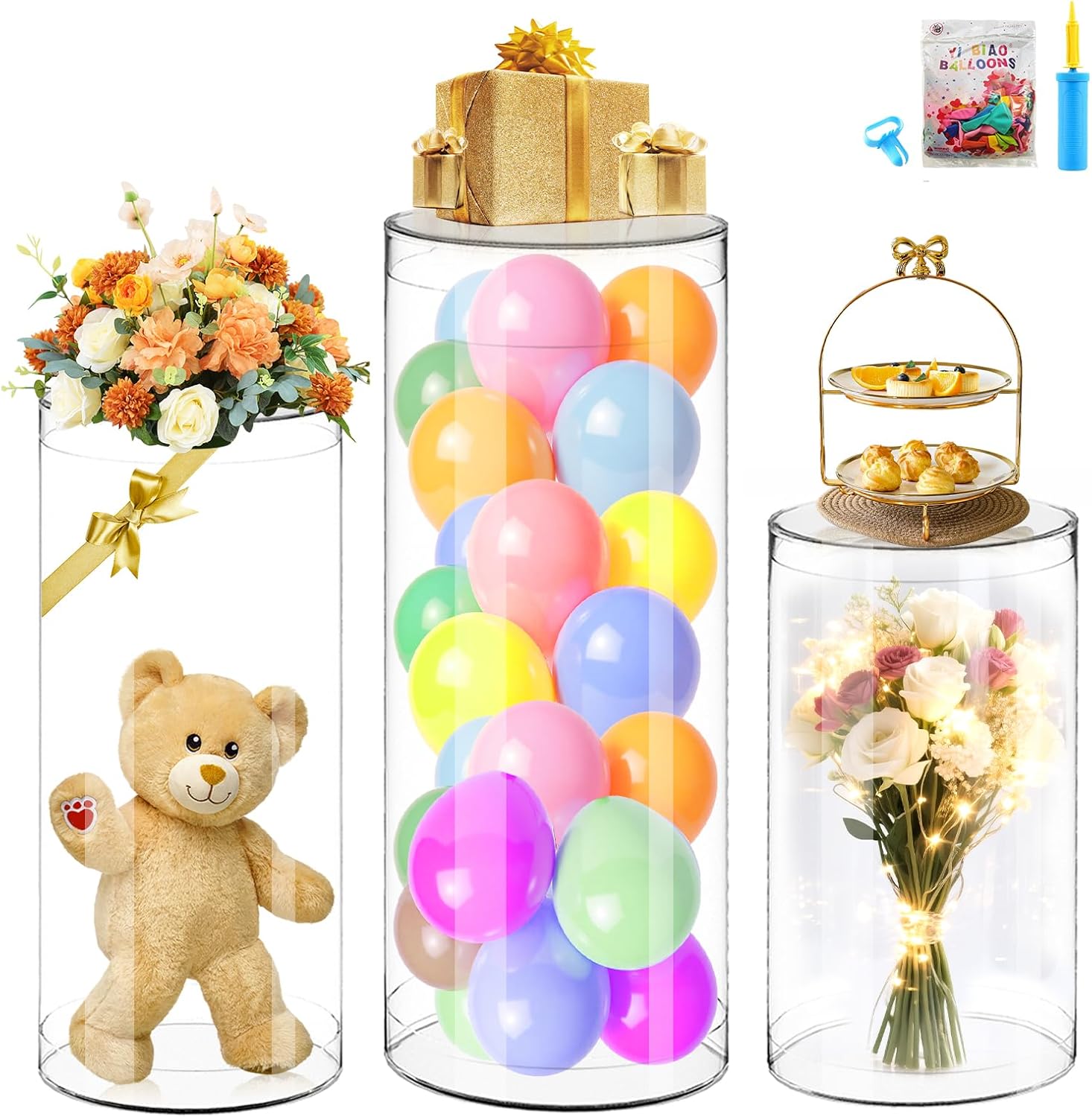 Clear Cylinder Pedestal Stands 3pcs for Party Decor