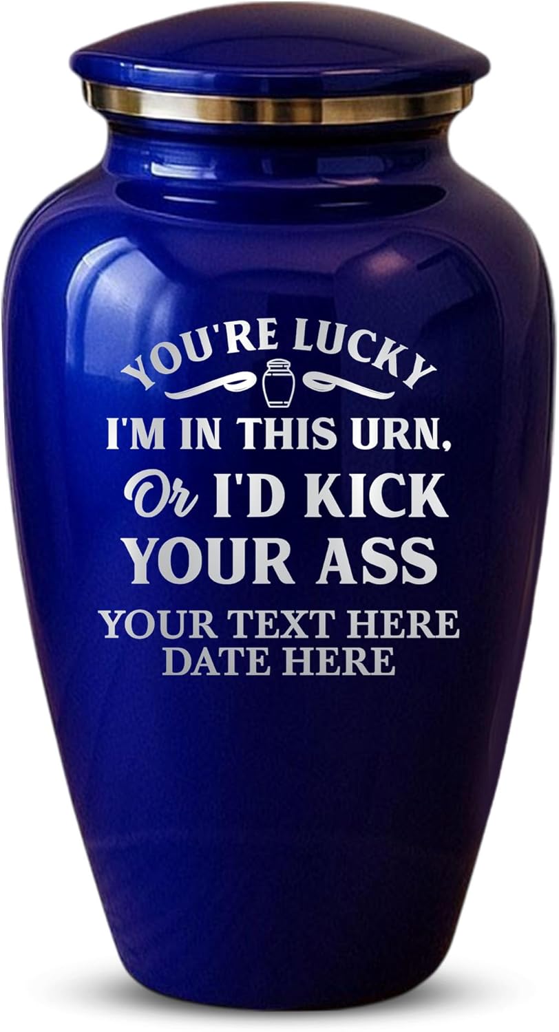 Custom Cremation Urn Metal Vessel Funny Personalized Design Purple