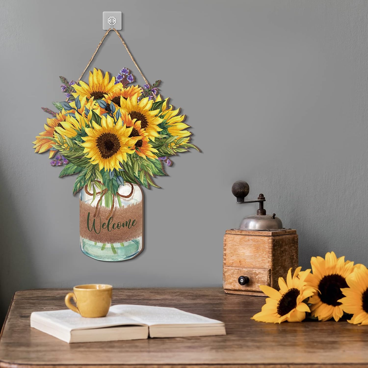 Shellwei Sunflower Welcome Door Sign Wooden Wreath