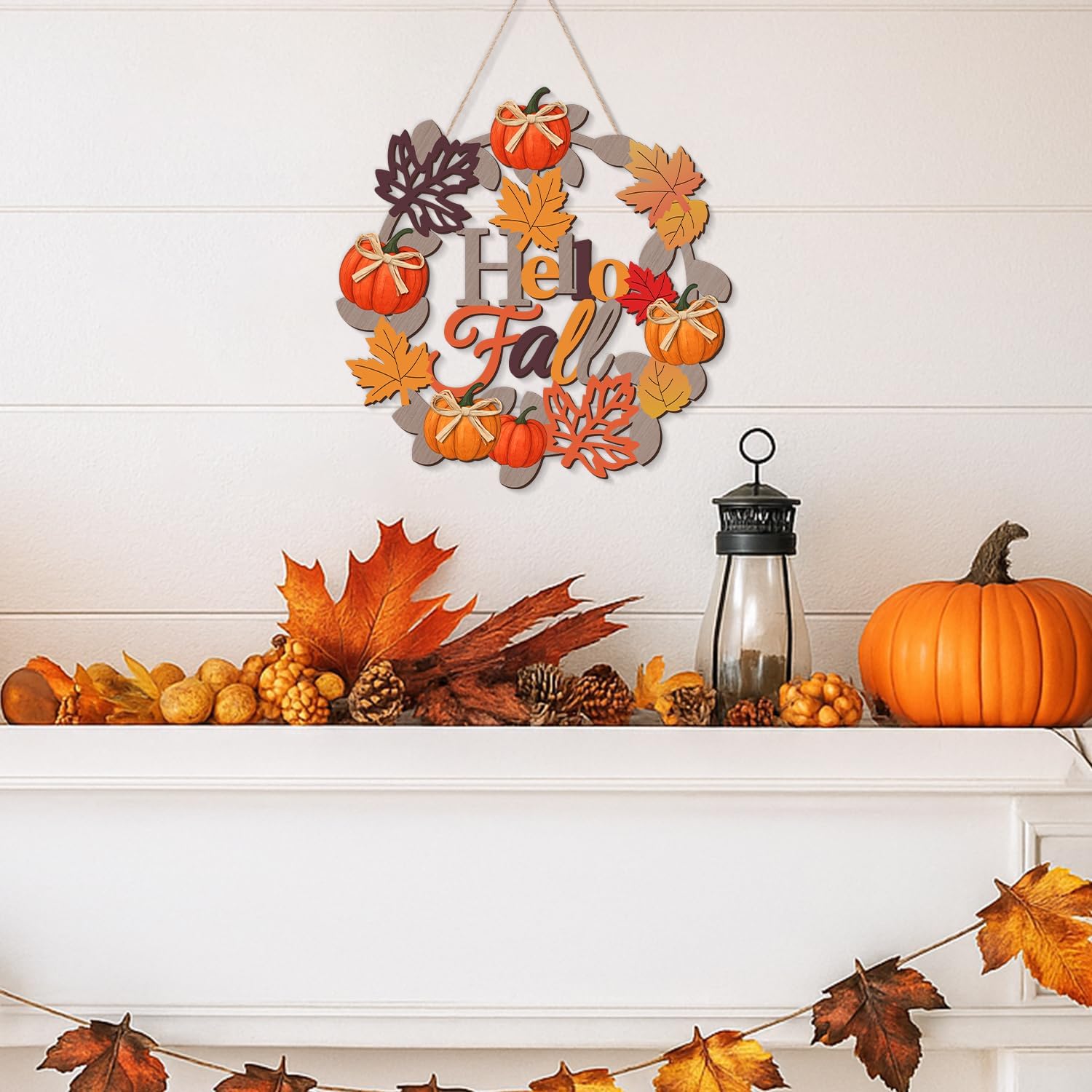 Aymolas Hello Fall Wreath Wooden Welcome Sign for Front Door