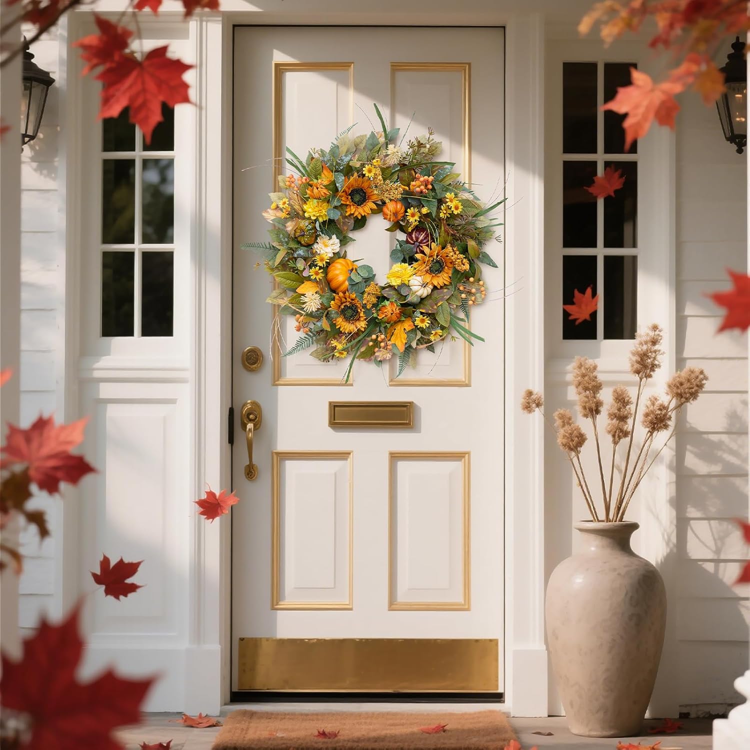 24 Inch Fall Wreath with Sunflowers Pumpkins Leaves for Front Door