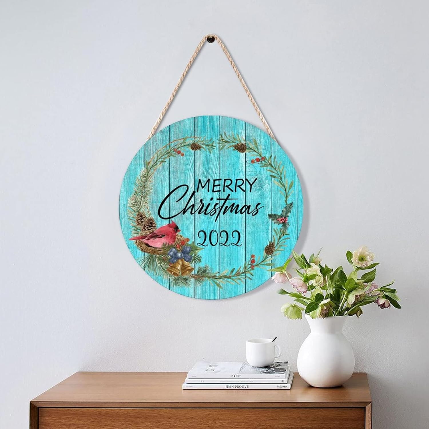 Farmhouse Door Hanger Red Bird Holly Berry Wreath 10x10in