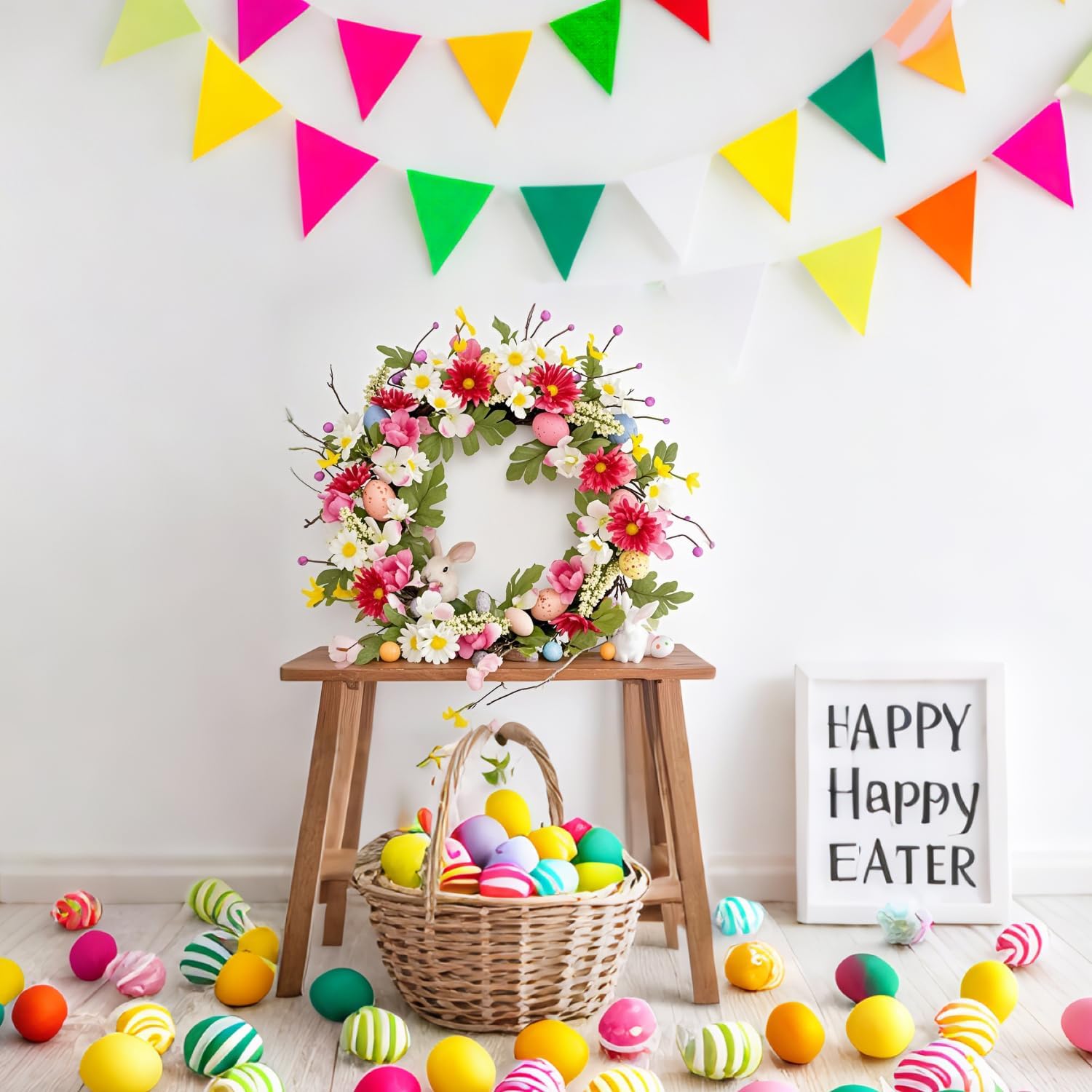 18 Inch Artificial Spring Door Wreath with Eggs and Flowers
