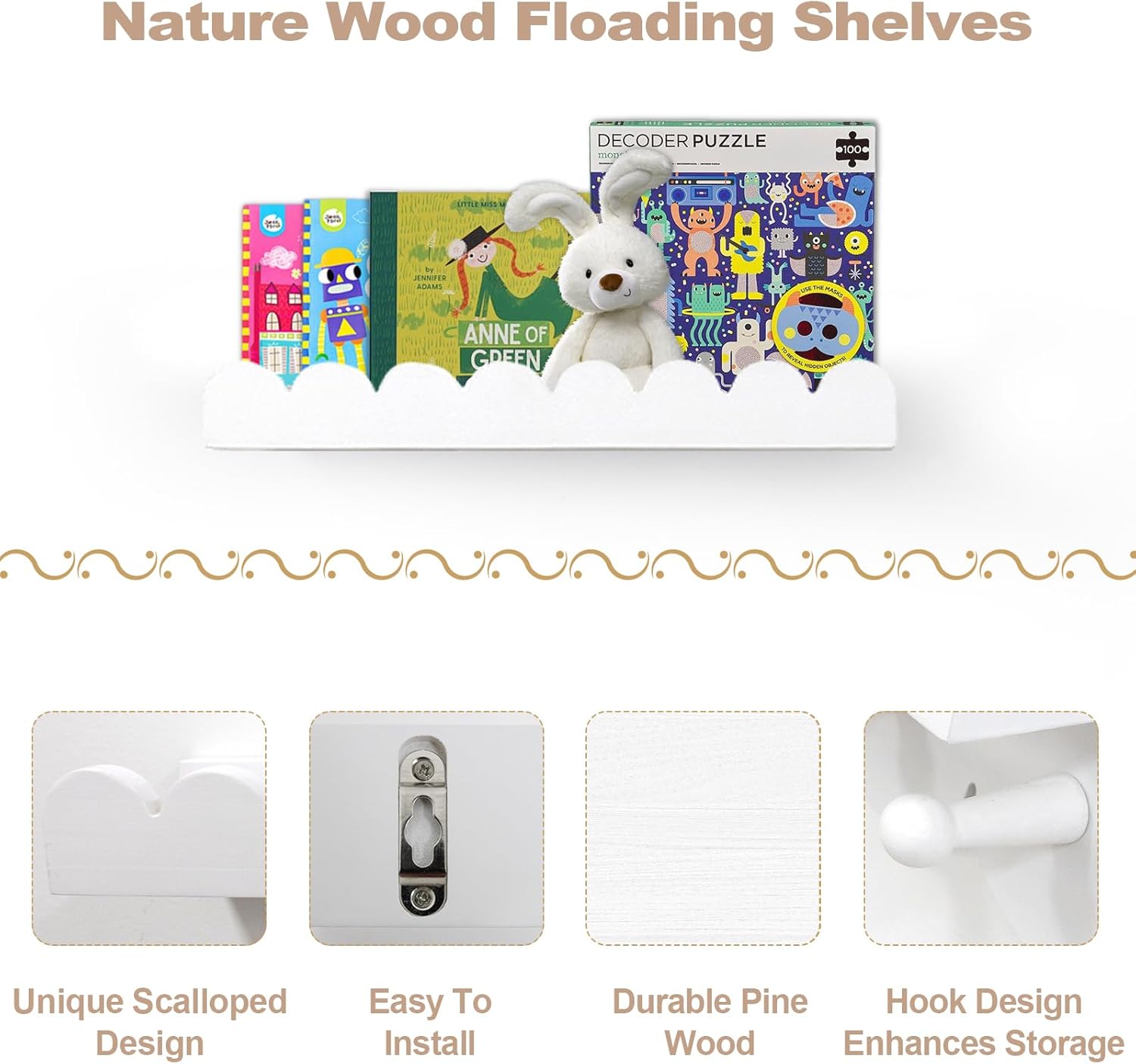 Floating Nursery Book Shelves with Hooks Set of 3 White