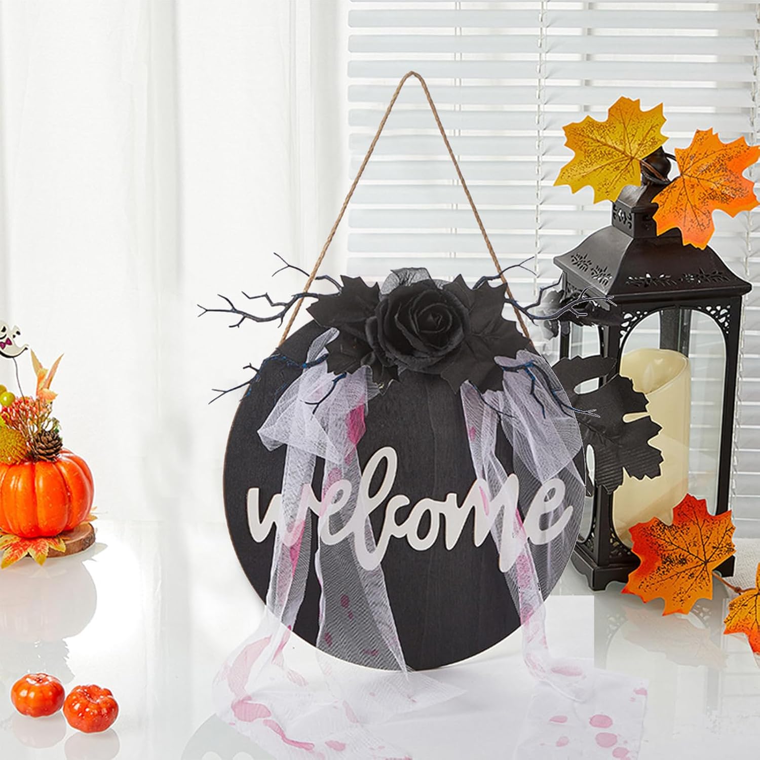 Halloween Welcome Sign Wooden Door Hanging Wreath
