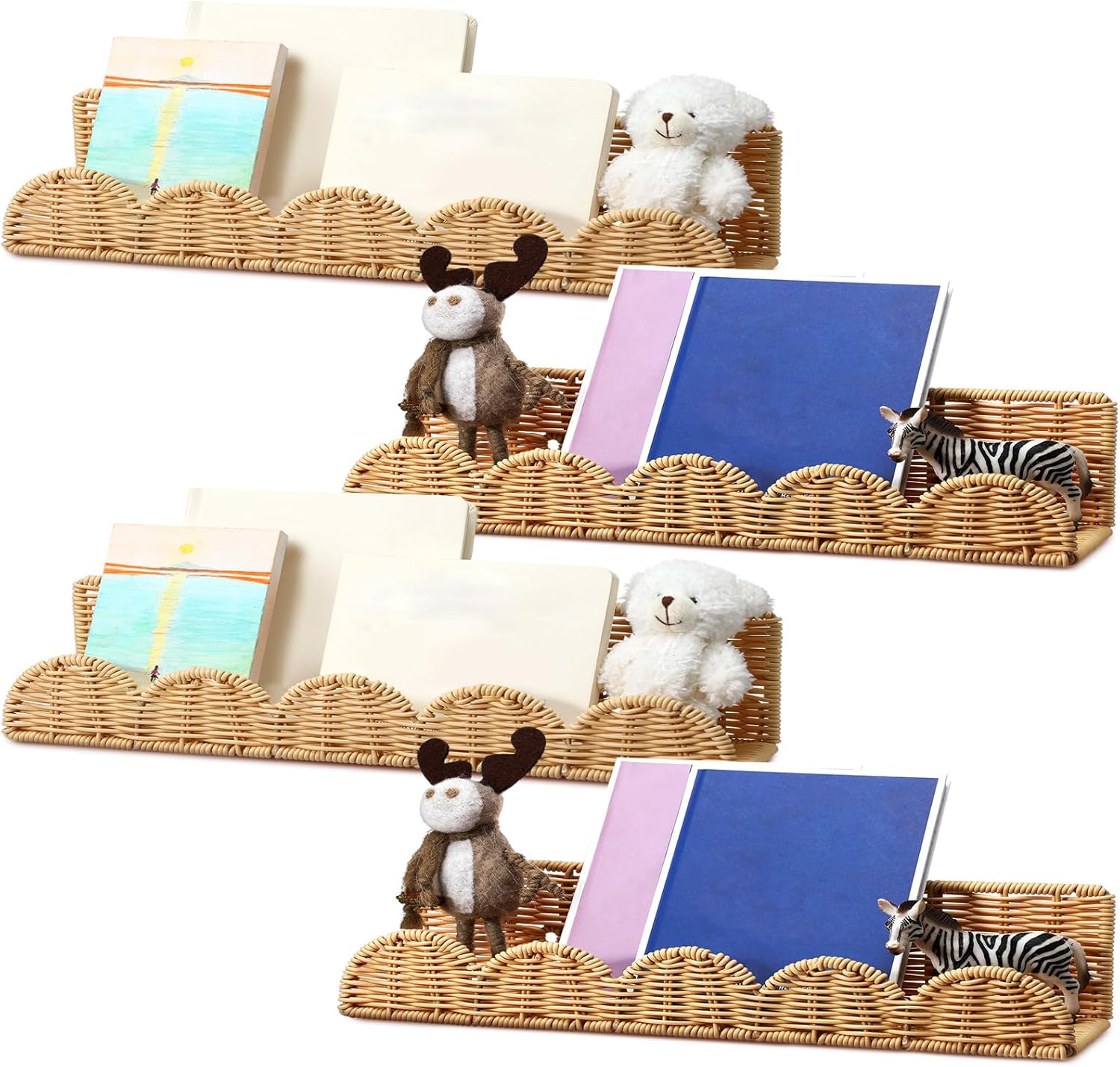 Pinkunn 4 Pcs Floating Rattan Bookshelves for Wall Mounting