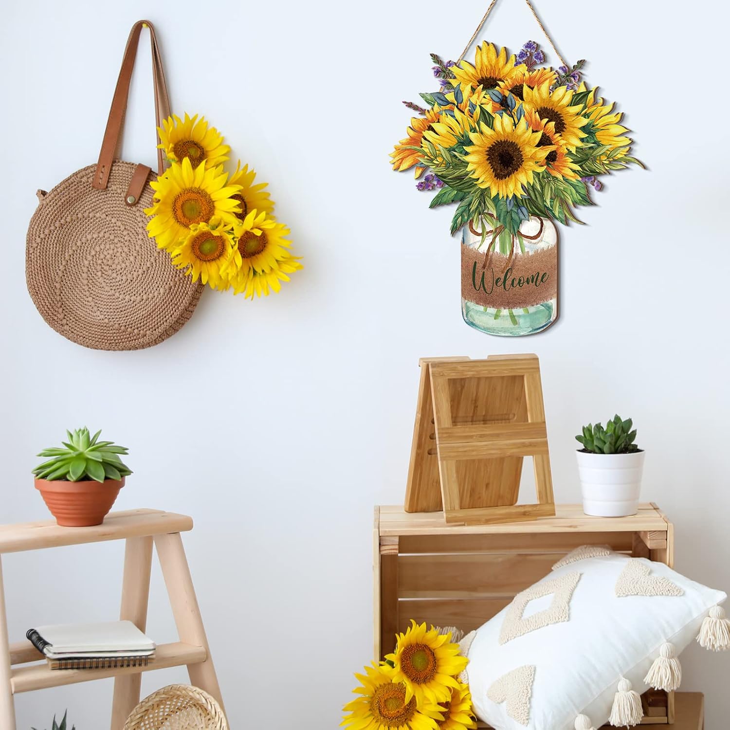 Shellwei Sunflower Welcome Door Sign Wooden Wreath