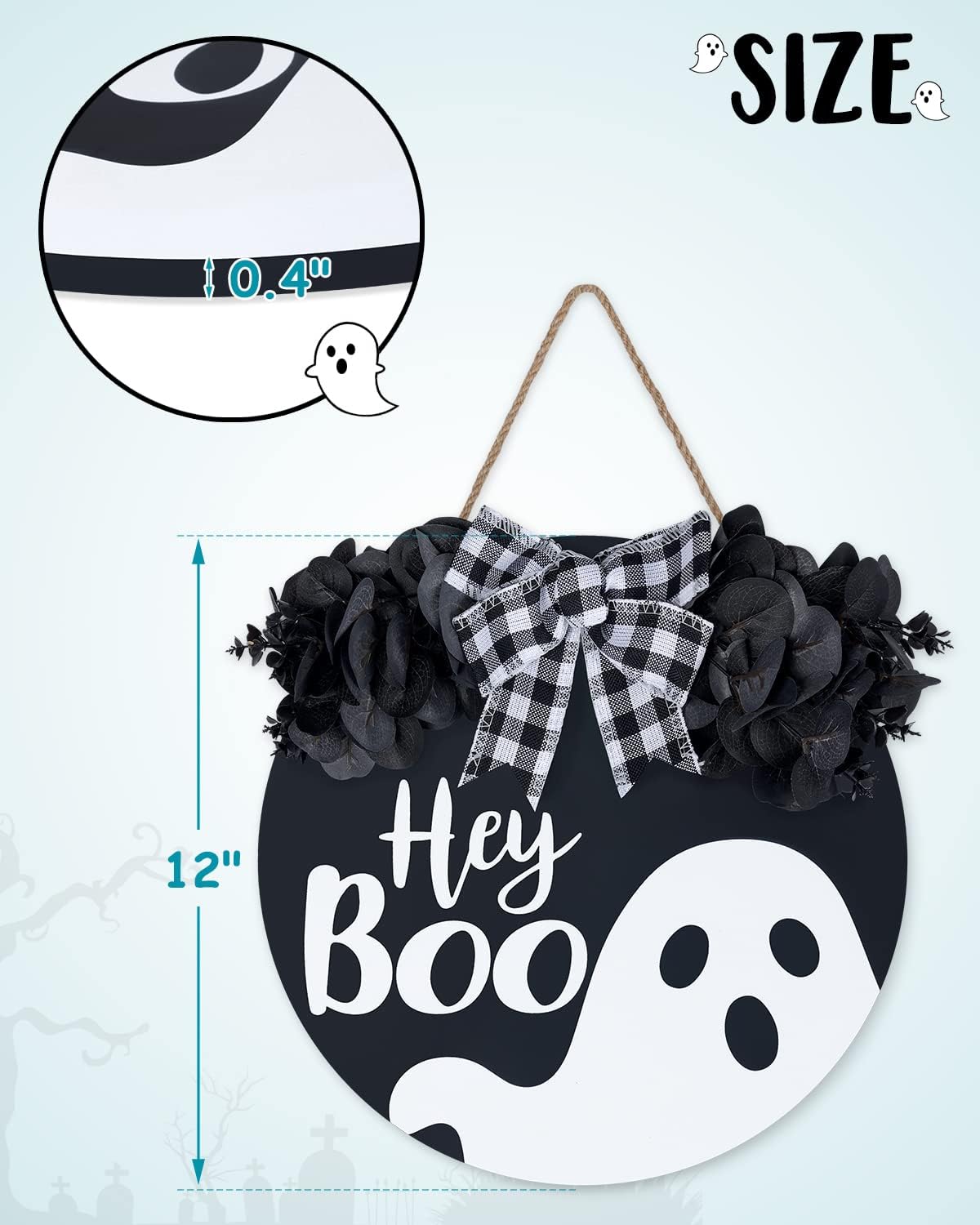 Black Halloween Wreath with Hey Boo Sign