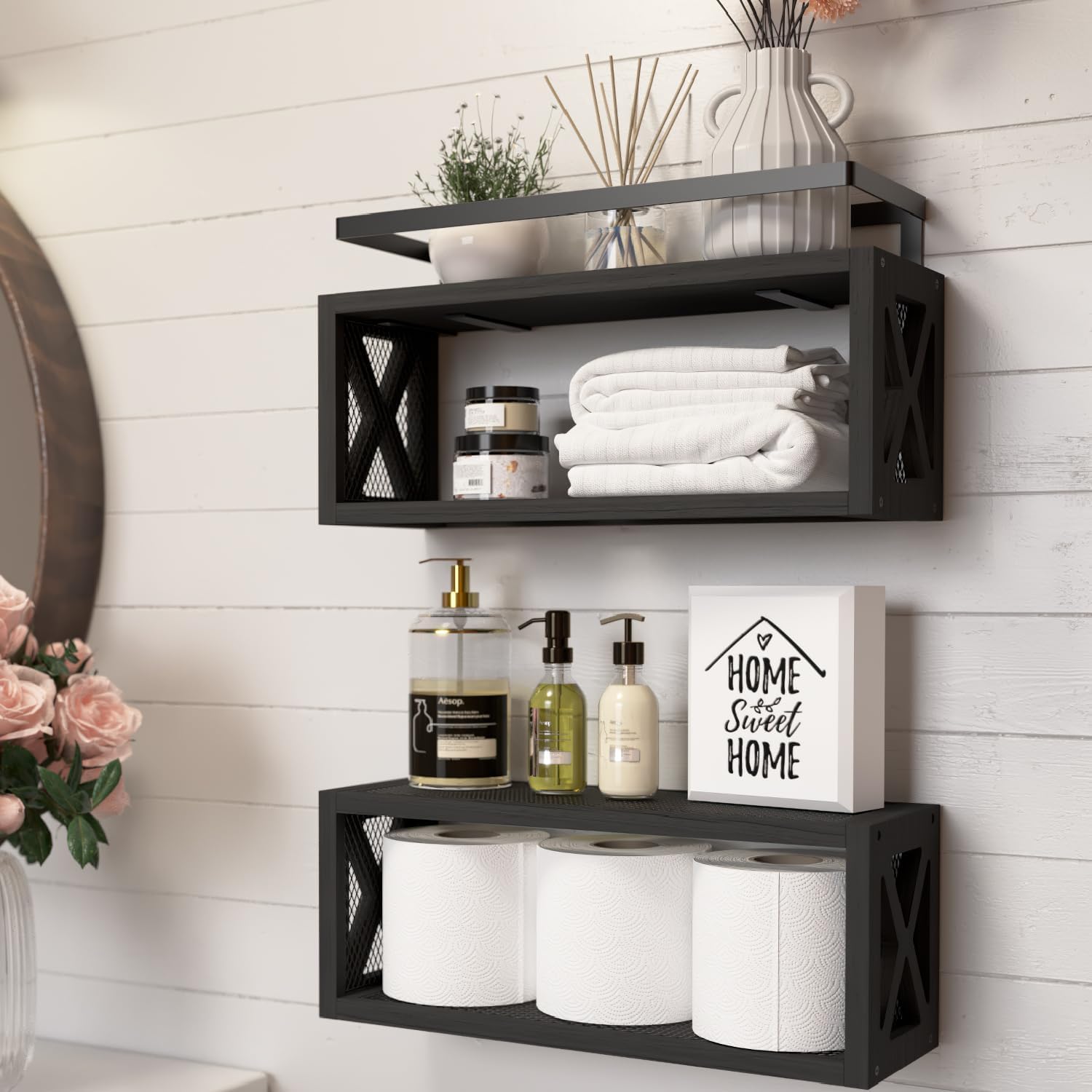 RICHER HOUSE Floating Shelves with Guardrail Black