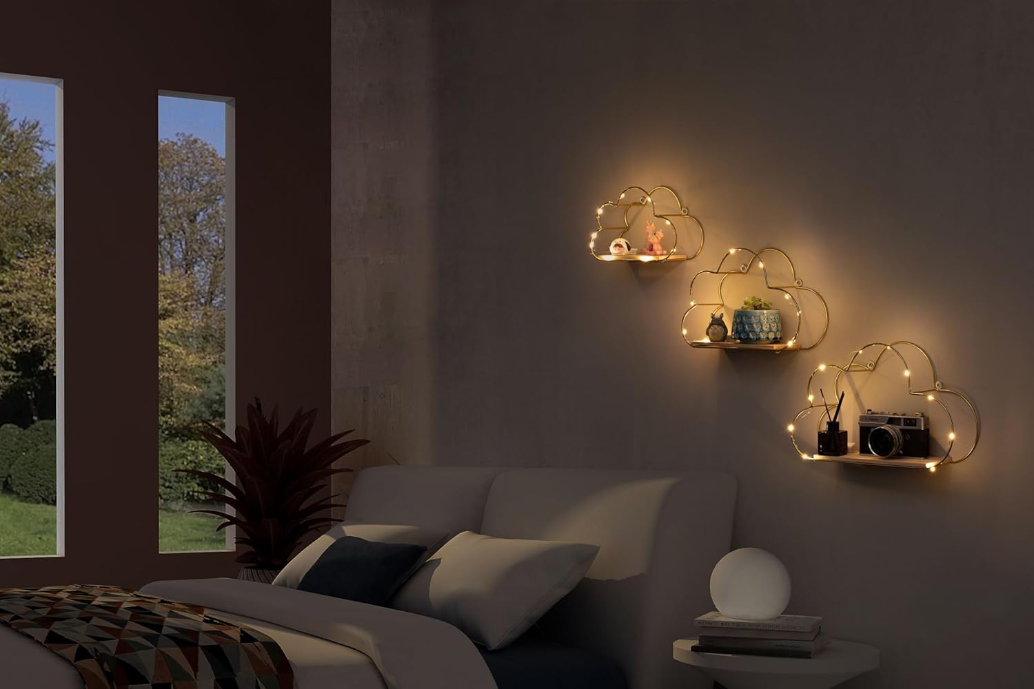 Golden Cloud Floating Shelves with LED Lights Set of 3