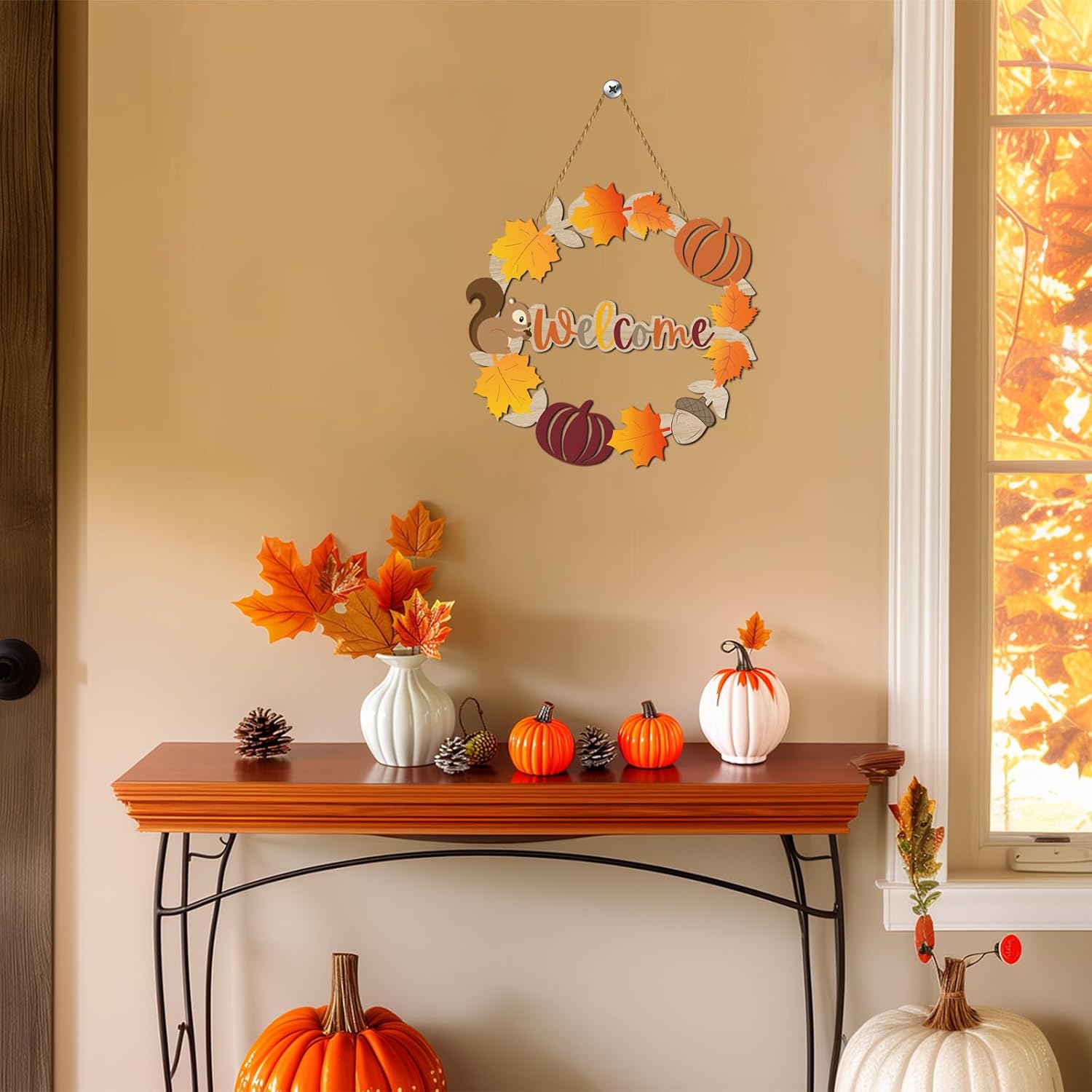Fall Door Decor Wooden Wreath with Welcome Sign