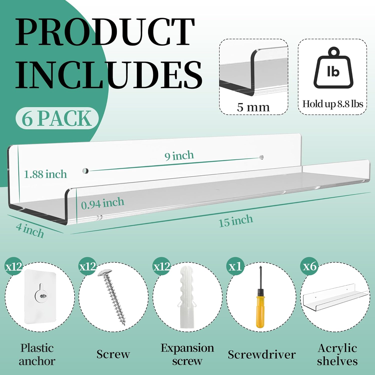 BTSD Home 6 Pack 15 Inch Clear Acrylic Wall Shelves
