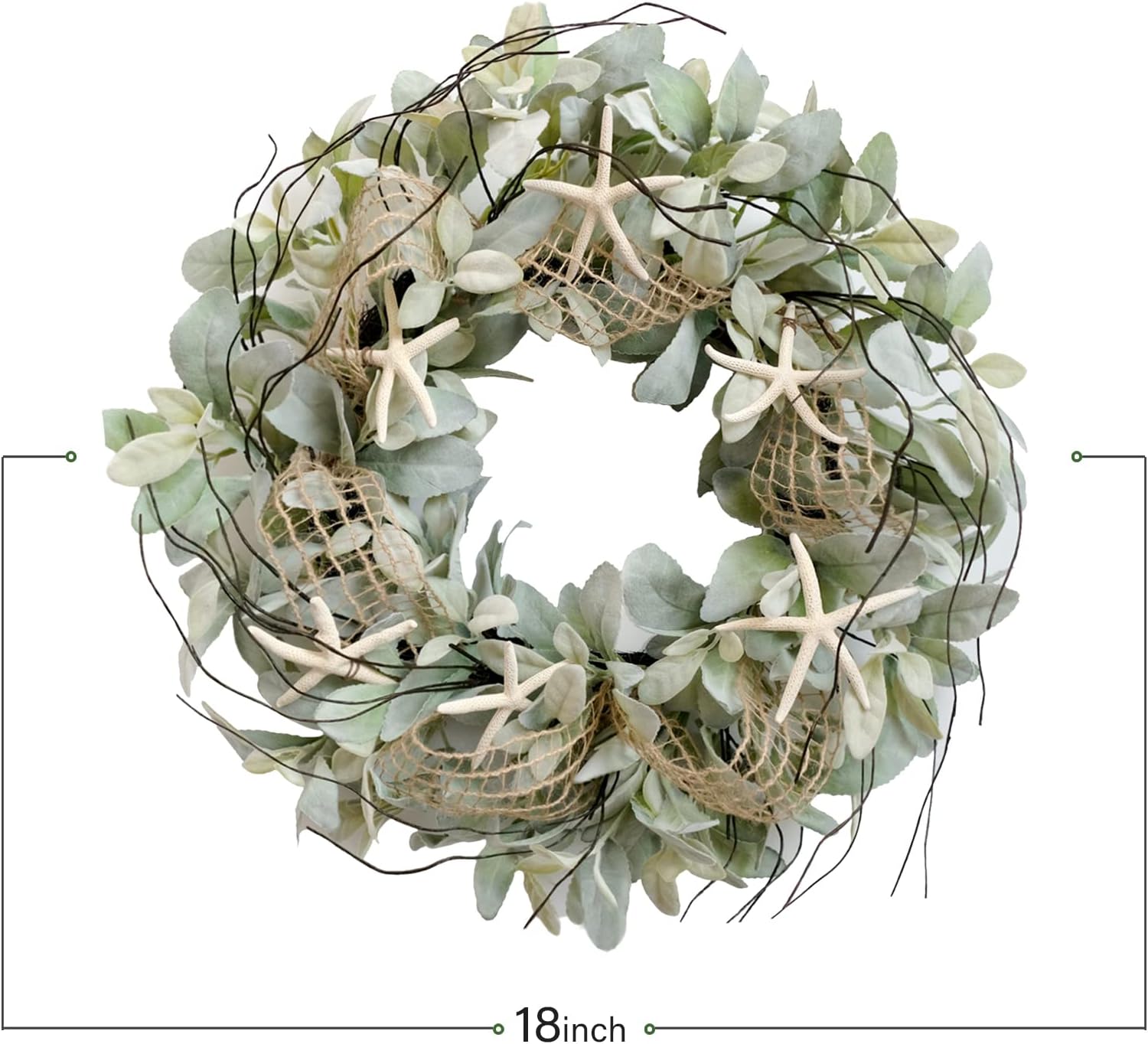 18 Inch Green Lambs Ear Wreath With Starfish