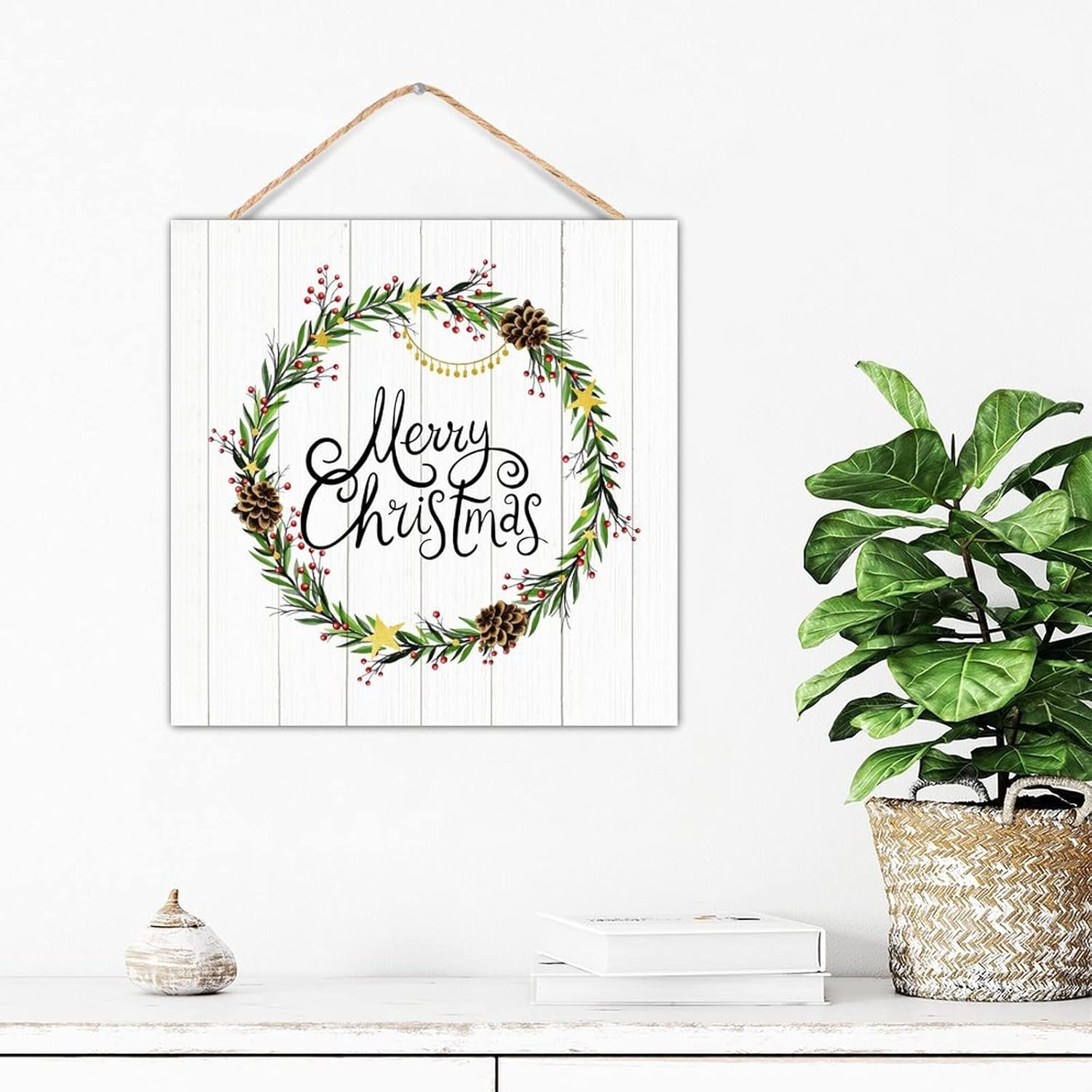 Winter Door Hanger Wreath 12x12in Wooden Plaque