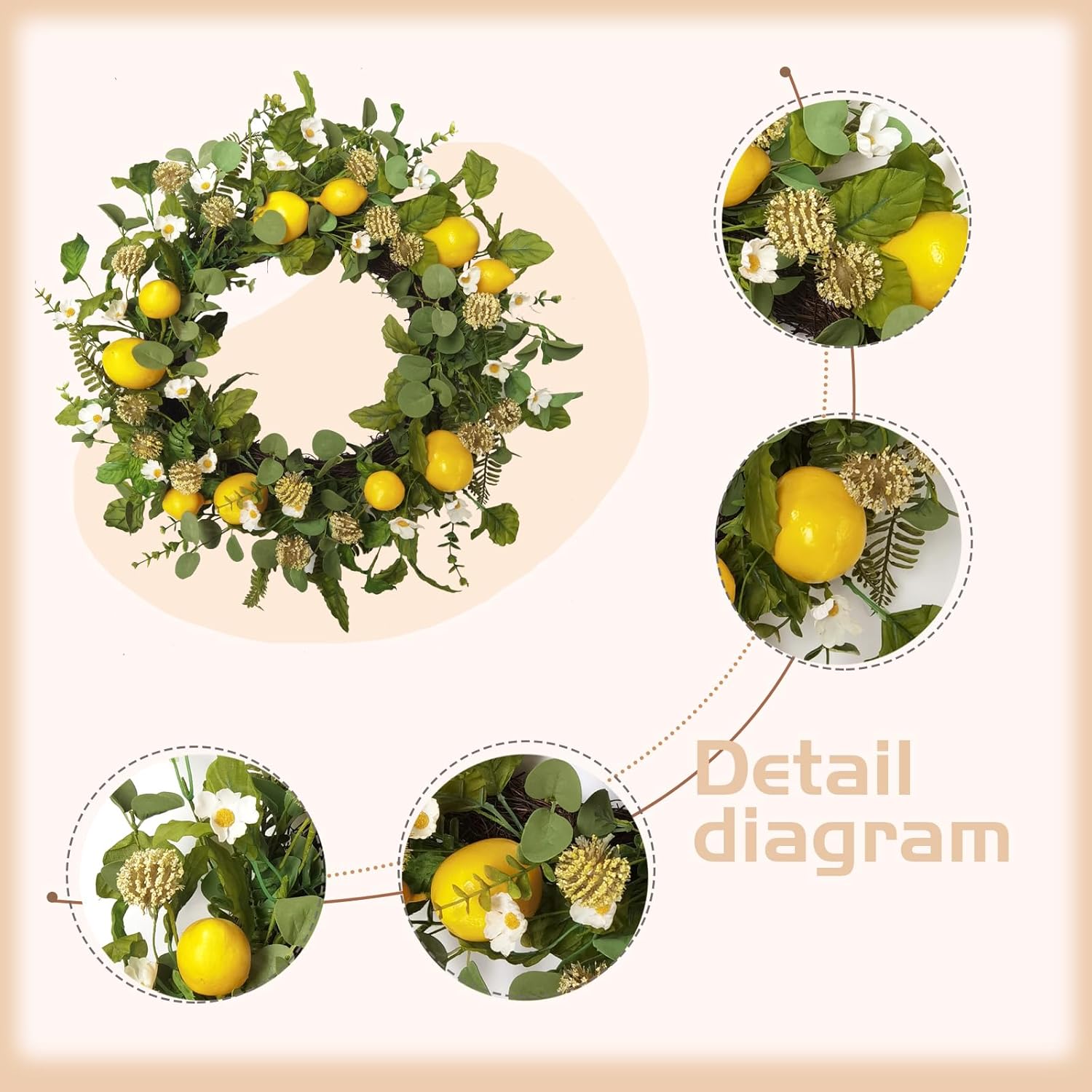 Idyllic 22 Inch Summer Lemon Wreath with Green Leaves