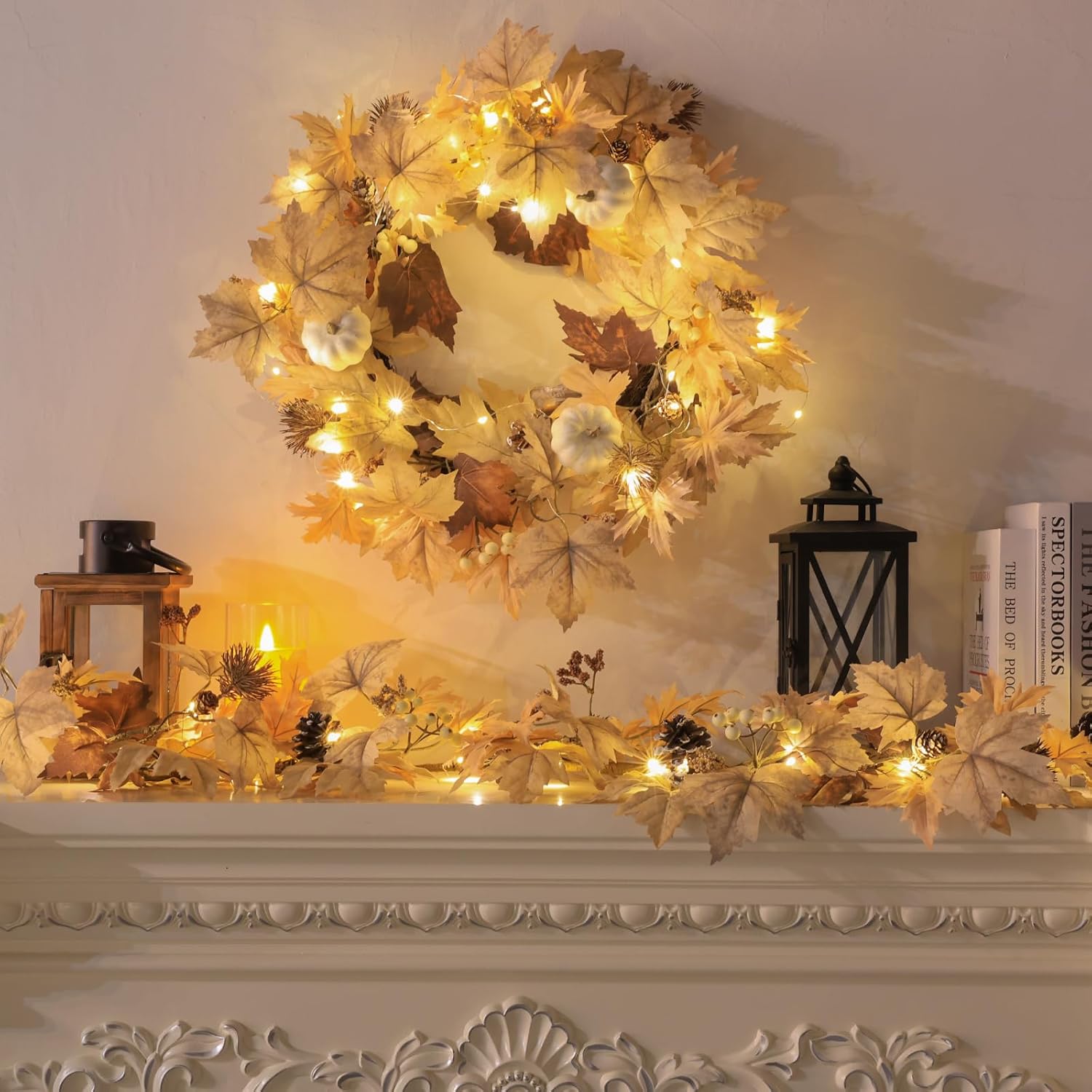 Realistic Fall Wreath with Timer Lights 22 Inch