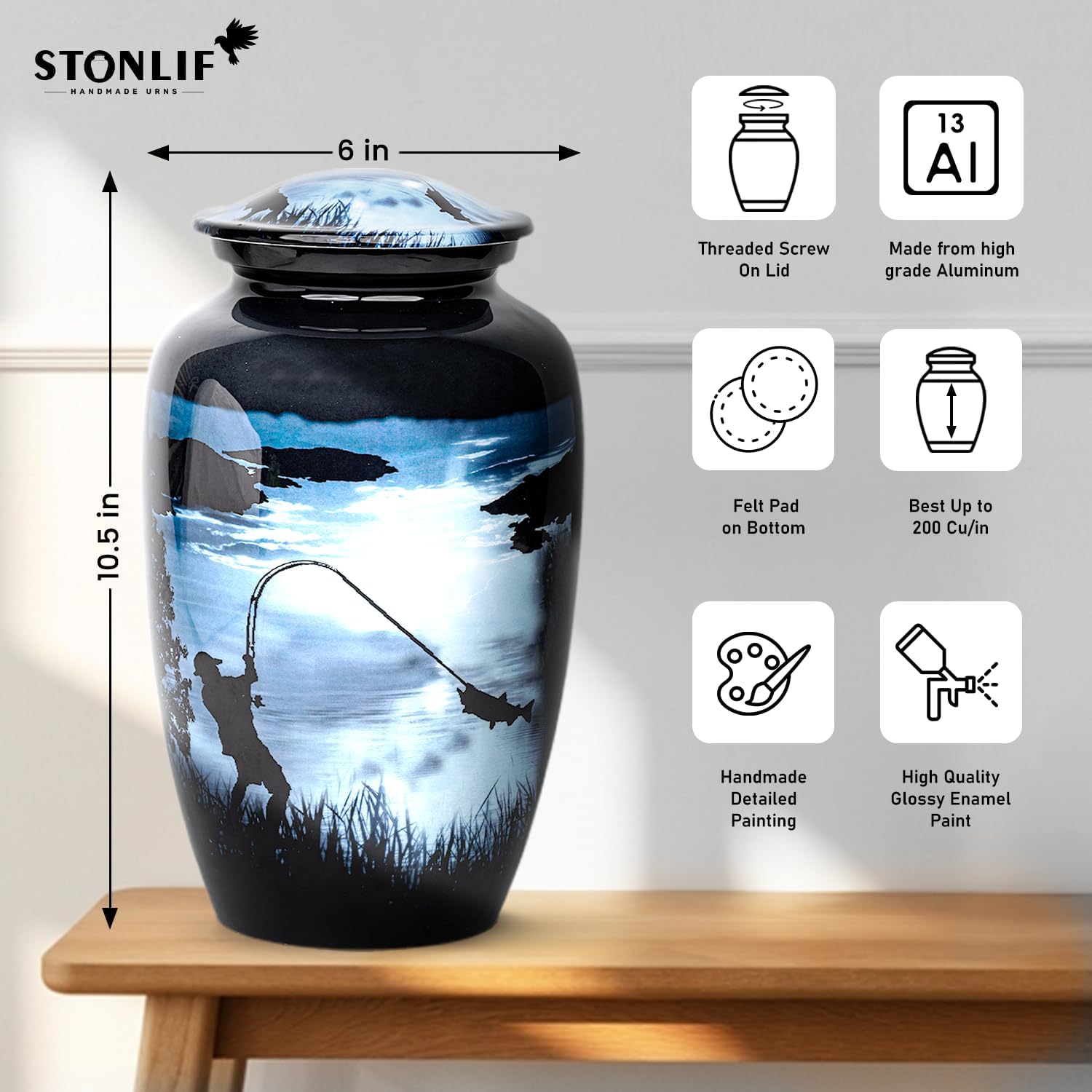 STONLIF Decorative Fishing Urn for Ashes - 200 lbs Blue Urn