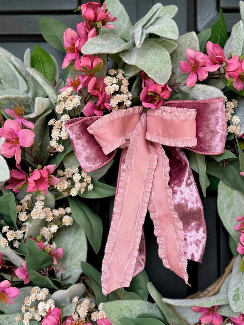 Romantic Lambs Ear Wreath for Front Door with Hot Pink Ribbon