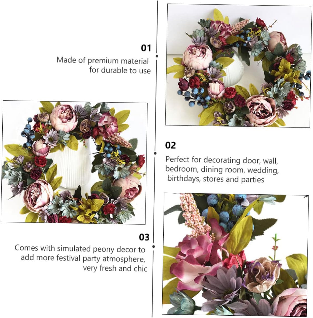 VALICLUD Artificial Peony Garland Rattan Wreath for Wedding and Door
